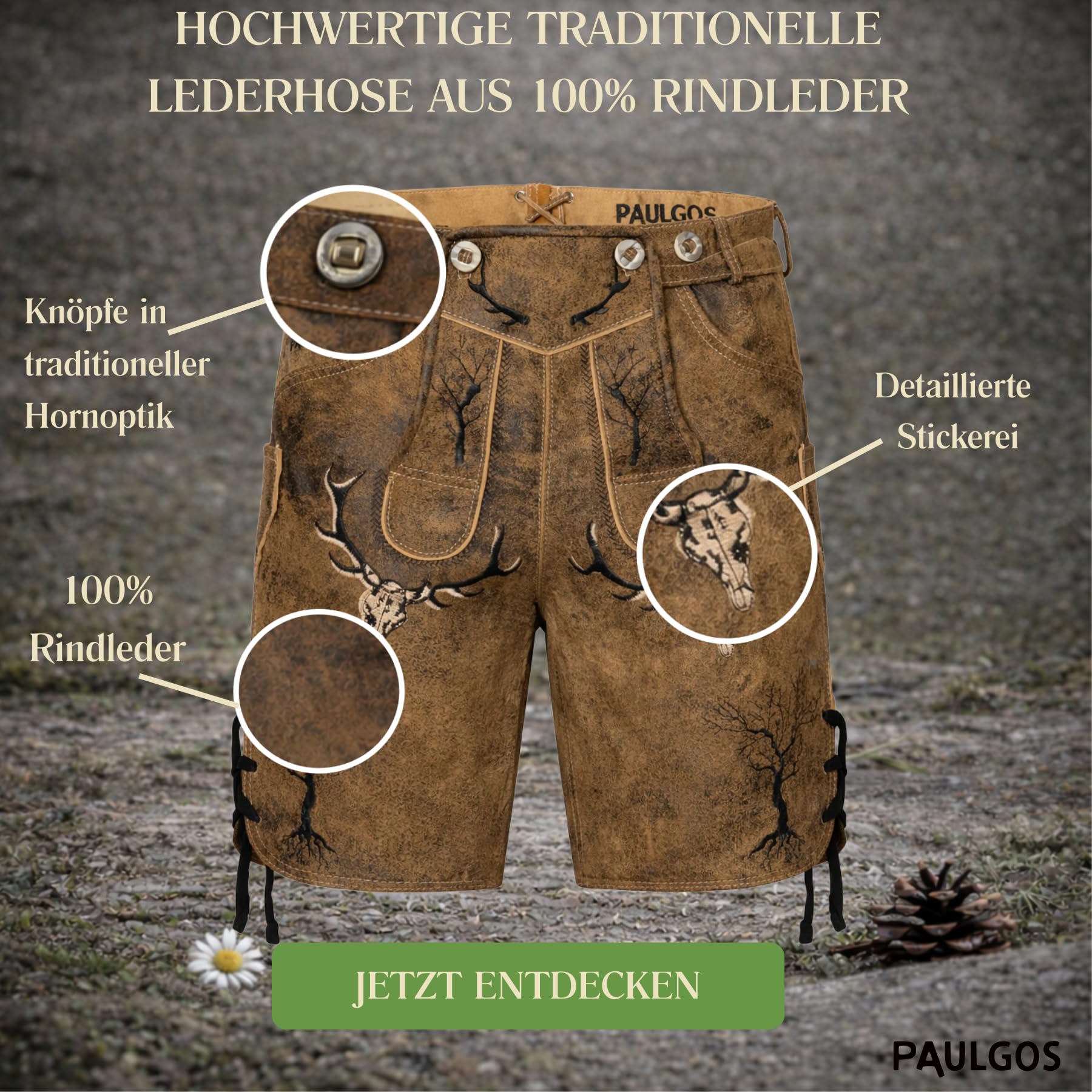 PAULGOS Herren Trachten Lederhose HK6 Antik + Träger, Echtes Leder, Gr. 44-60