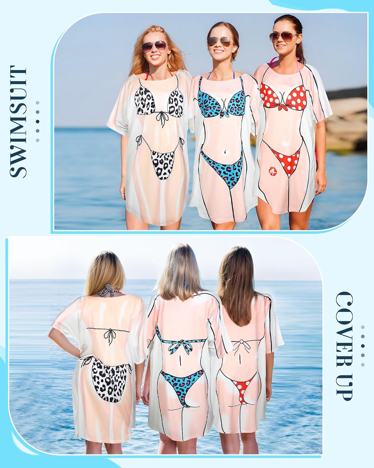 Jeyiour 4 Pcs Women's Bikini Shirt Cover up Short Sleeve Funny Bikini Print Dress Swimsuit Baggy T Shirt Swimwear for Women