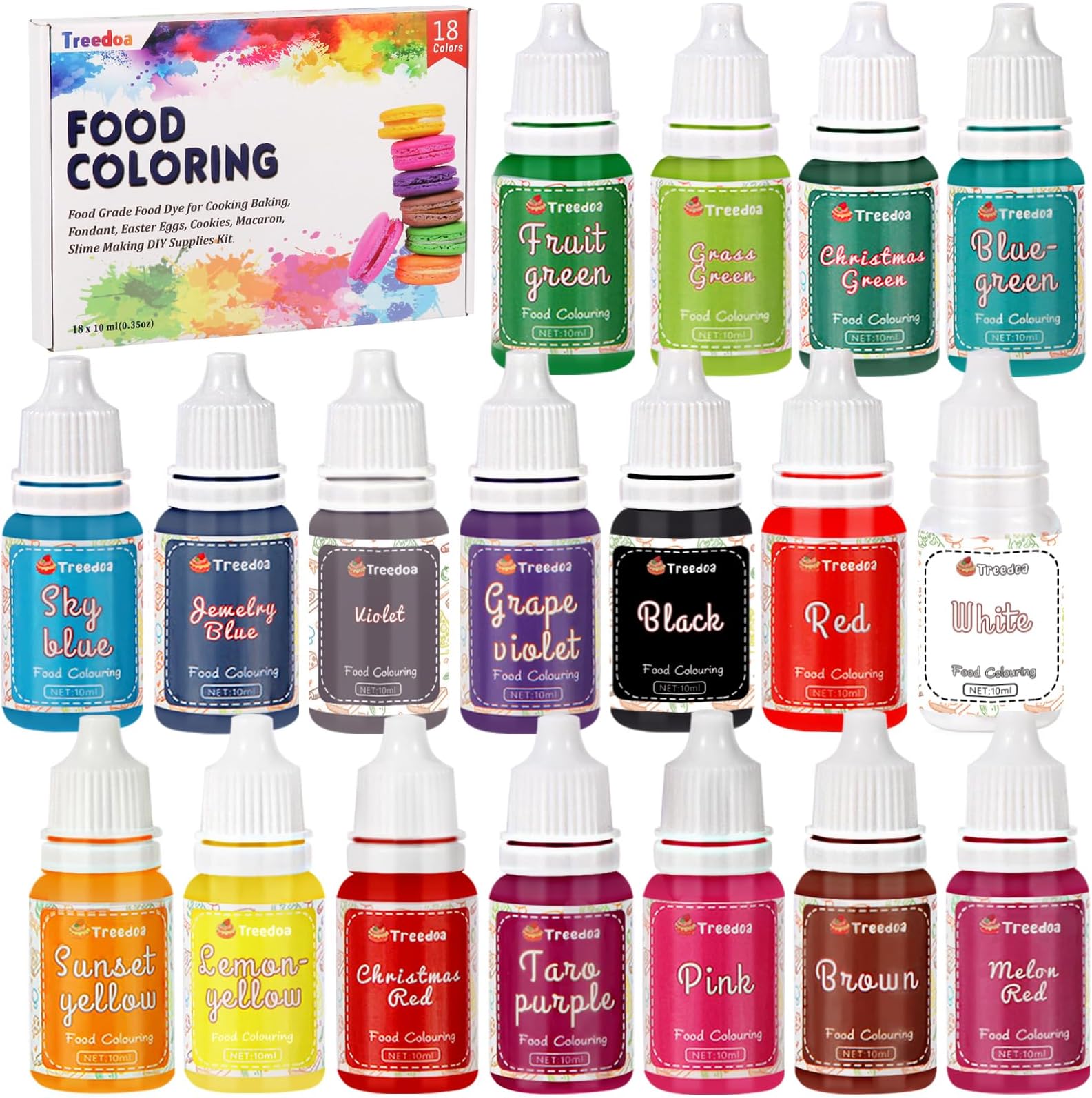 Food Coloring Liquid Set,18 Colors x 10ml Food Grade Food Dye Edible Vibrant Liquid Color for Cake Decorating,Baking,Easter Egg,Icing,Fondant,Cookies,Slime Making DIY Supplies Kit -0.35 Fl. oz/Bottles