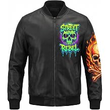 Men's Flaming Skull Rock Punk Rebel Graffiti Hip Hop Fashion Streetwear Casual Varsity Leather Bomber Jacket
