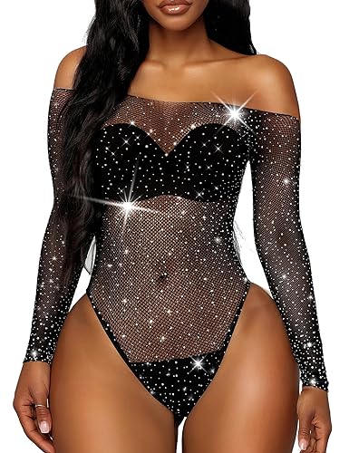 RSLOVE Women Lingerie Fishnet Teddy Sparkle Rhinestone One Piece Mesh Bodysuit Mini Babydoll Sexy Lingerie Set for Women - One Size - Black