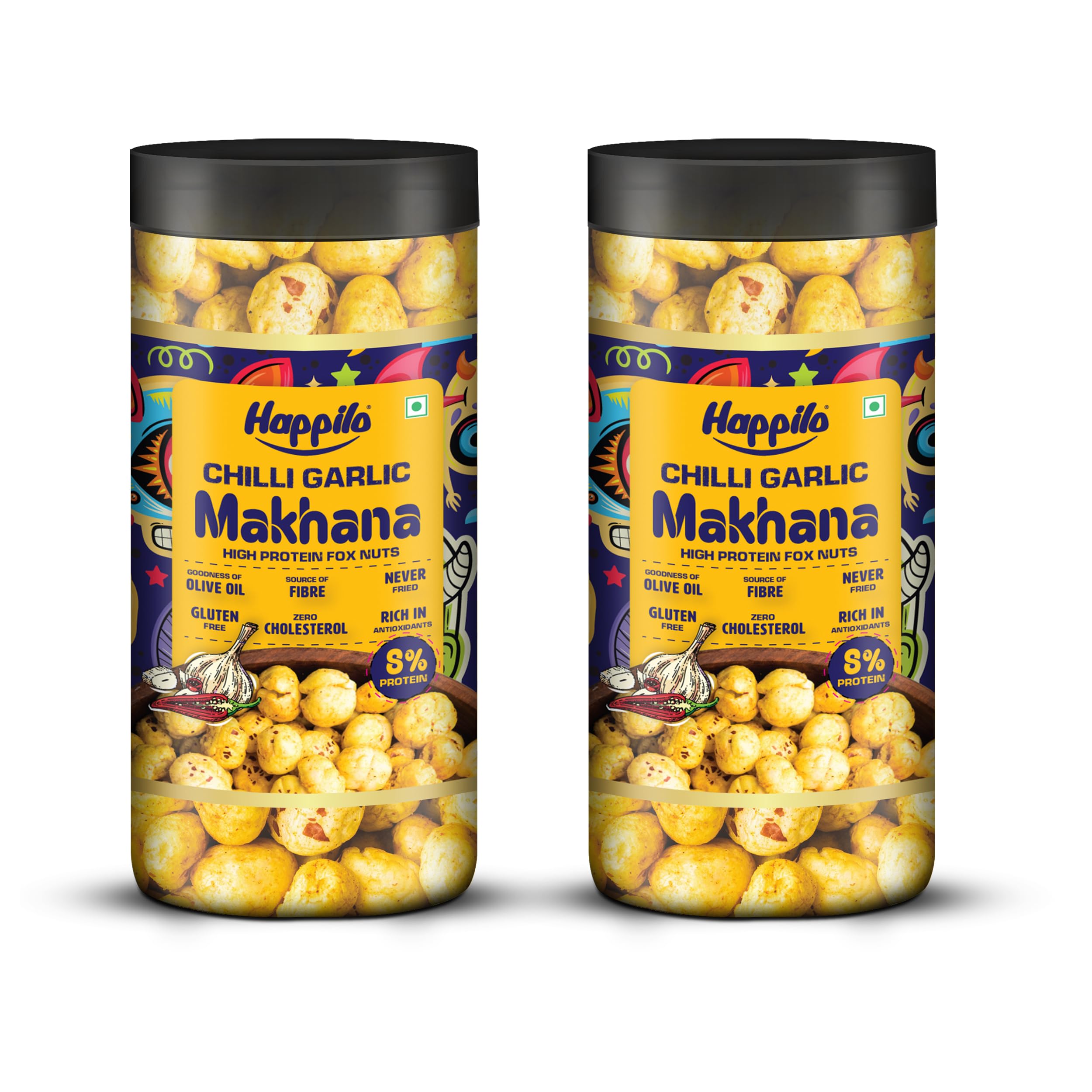 Happilo Makhana Chilli Garlic Jar 80g (Pack of 2), Roasted Foxnut Healthy Snack Low Calorie Gluten Free and Vegan
