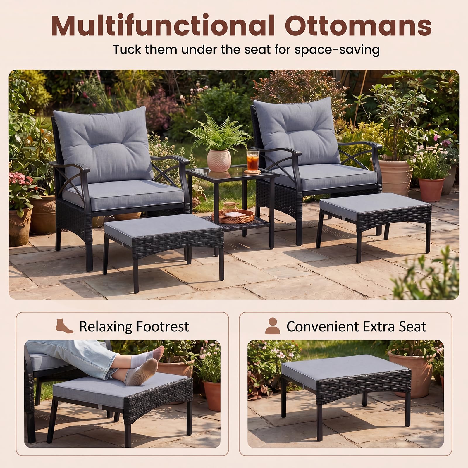 Giantex 5-teiliges Rattan Gartenmöbel Set, Balkonmöbel Kleiner 2-4 Personen, Lounge Möbel Outdoor mit Tisch, 2 Sessel, 2 Hocker, inkl. Rückenkissen & Sitzkissen, Terrassenmöbel