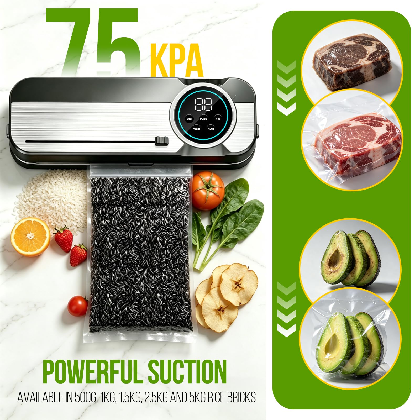 RoserRose 120W Machine Sous Vide Alimentaire 6 en 1, 75 KPA Appareils de Mise Sous Vide avec Modes Sec et Humide, UV, 50 Sac Sous Vide, Couteau de Coupe et Tuyau, Scellure Large 30 cm