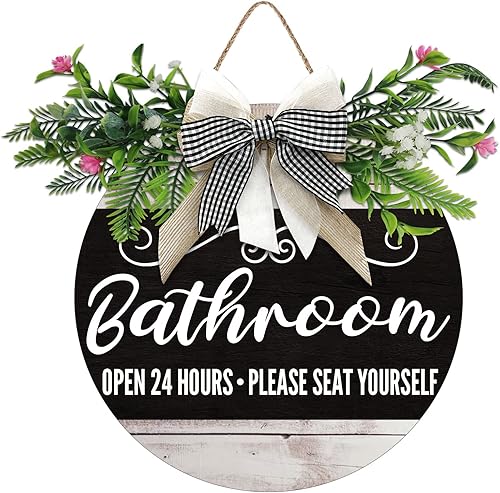 Letrero de puerta delantera de baño, coronas divertidas, placa de madera colgante, decoración redonda de madera rústica, decoración de porche para