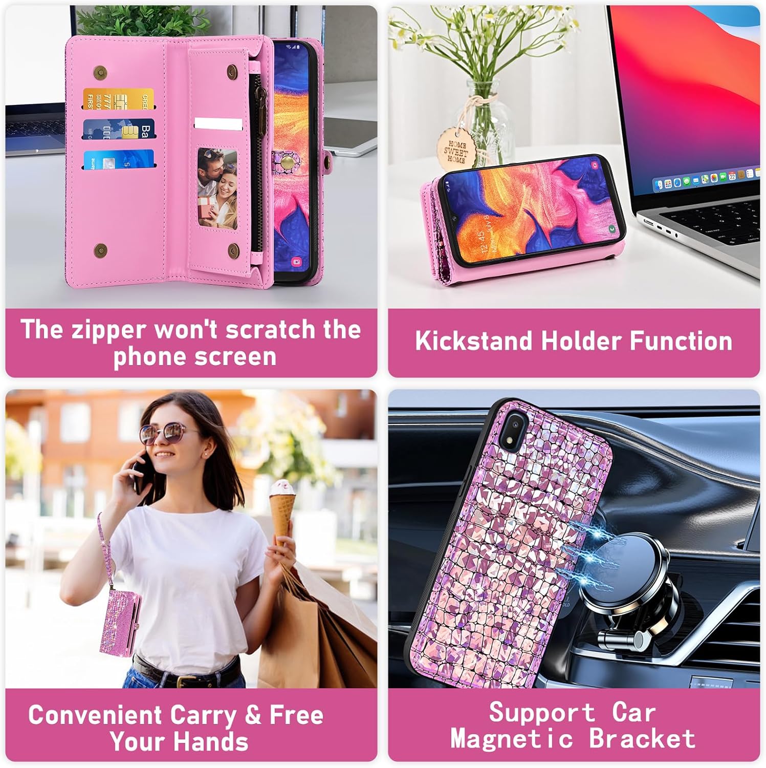 Asuwish Phone Case for Samsung Galaxy A10e Zipper Wallet Detachable with Tempered Glass Screen Protector Cover and Card Holder Slot Wrist Strap Flip Cell Accessories A 10e 10ae S102DL Women Men Pink