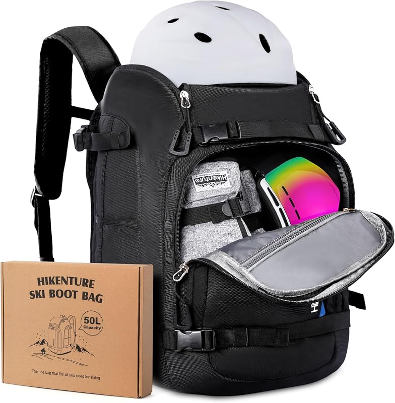 Hikenture Ski Boot Bag Backpack, 50L Padded Ski Bag & Snowboard Boot Bag with Drain Holes, Large Capacity Water-Resistant Ski Travel Bag for Ski Boots, Helmet, Goggles, Clothes, Gloves, Snowboard Gear