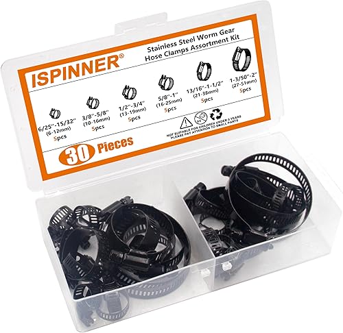 Miniatura 5 de ISPINNER 30 abrazaderas de manguera negras de 0.236-2.008 in (14"-2") Rango ajustable 304 abrazaderas de manguera de engranaje sin fin de acero