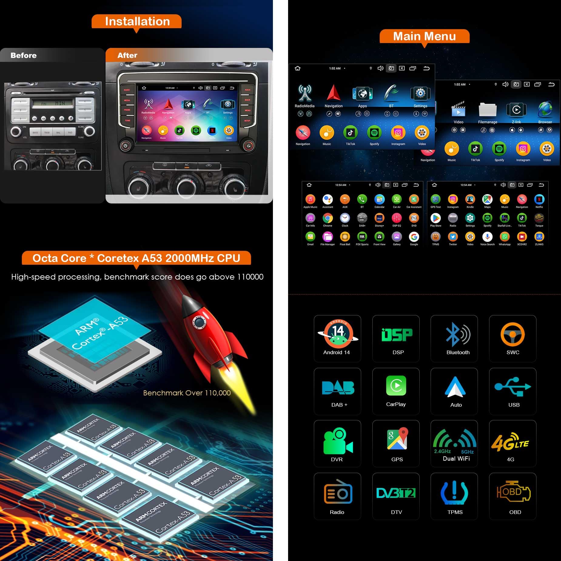 Samochodowe radio samochodowe VW z bezprzewodową nawigacją Carplay Android Auto GPS do VW Golf 5 6 Passat B7 B6 Polo 6R Tiguan Škoda Octavia SEAT León ekran dotykowy WiFi DSP DAB+ SWC Canbus BT 5.0 8