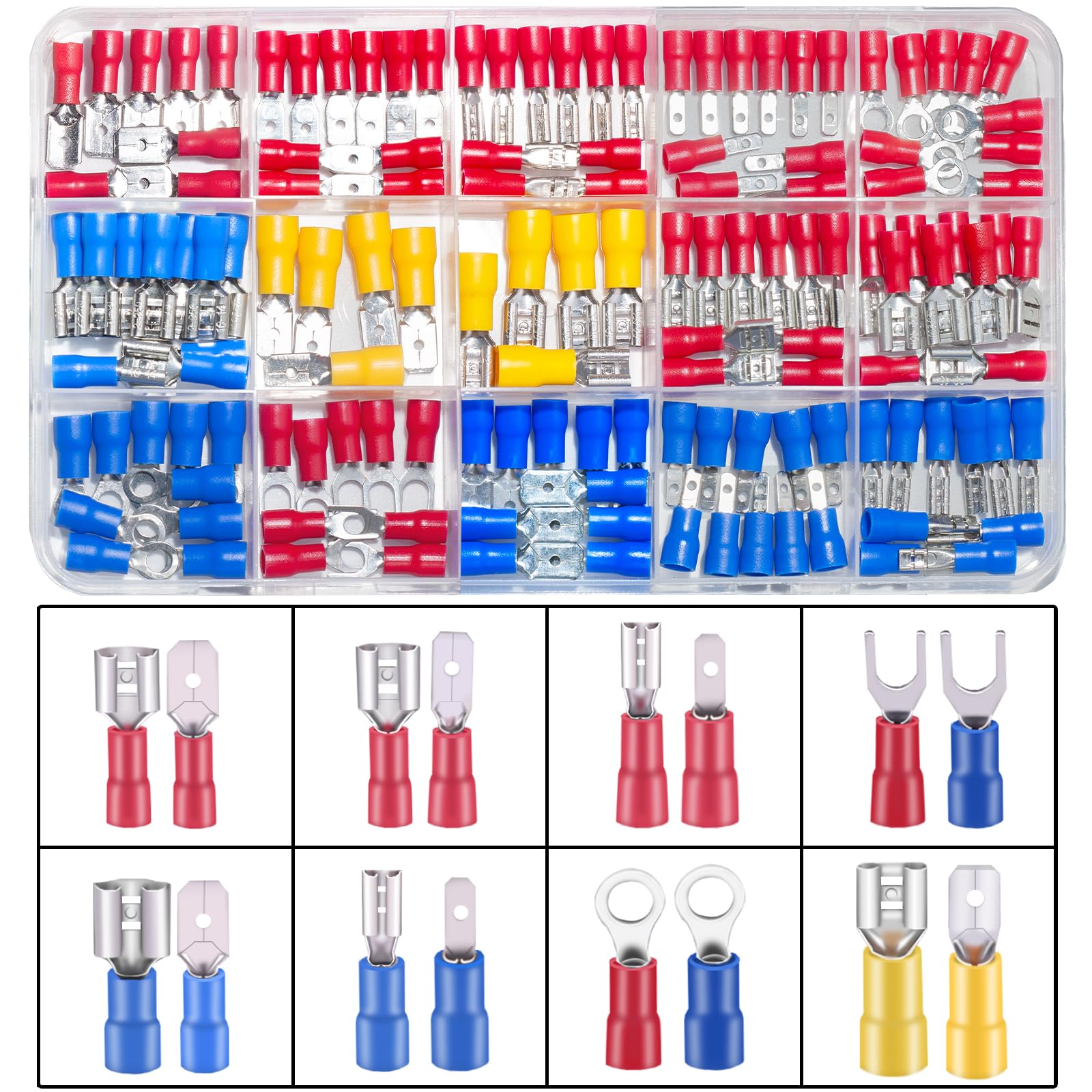 Crimpverbinder, 2,8 mm, 4,8 mm, 6,3 mm, männlich und weiblich, Flachsteckverbinder-Set, 16 Arten Crimpklemmen, elektrische Anschlüsse, inklusive Spatenring, Gabeldrahtverbinder, 150 Stück