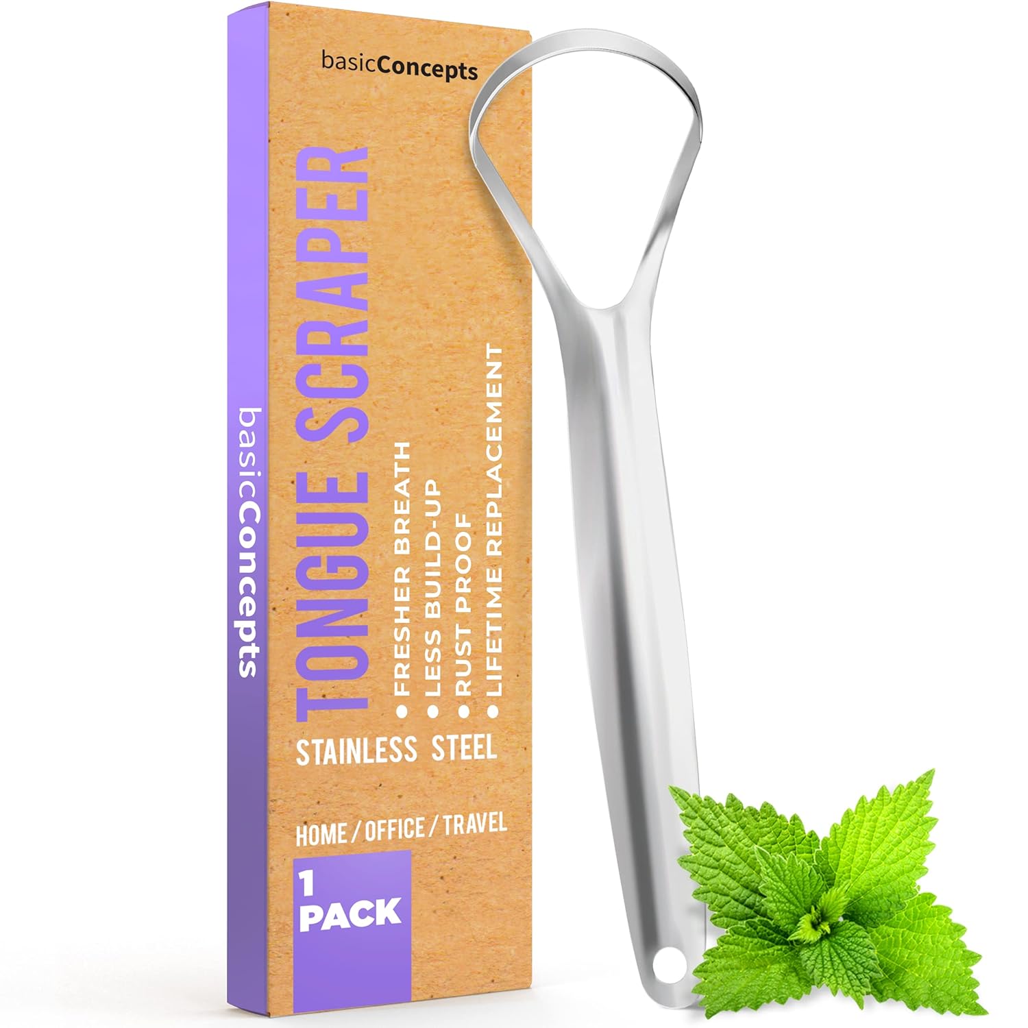 BASIC CONCEPTS Metal Tongue Scraper, Reduce Bad Breath in