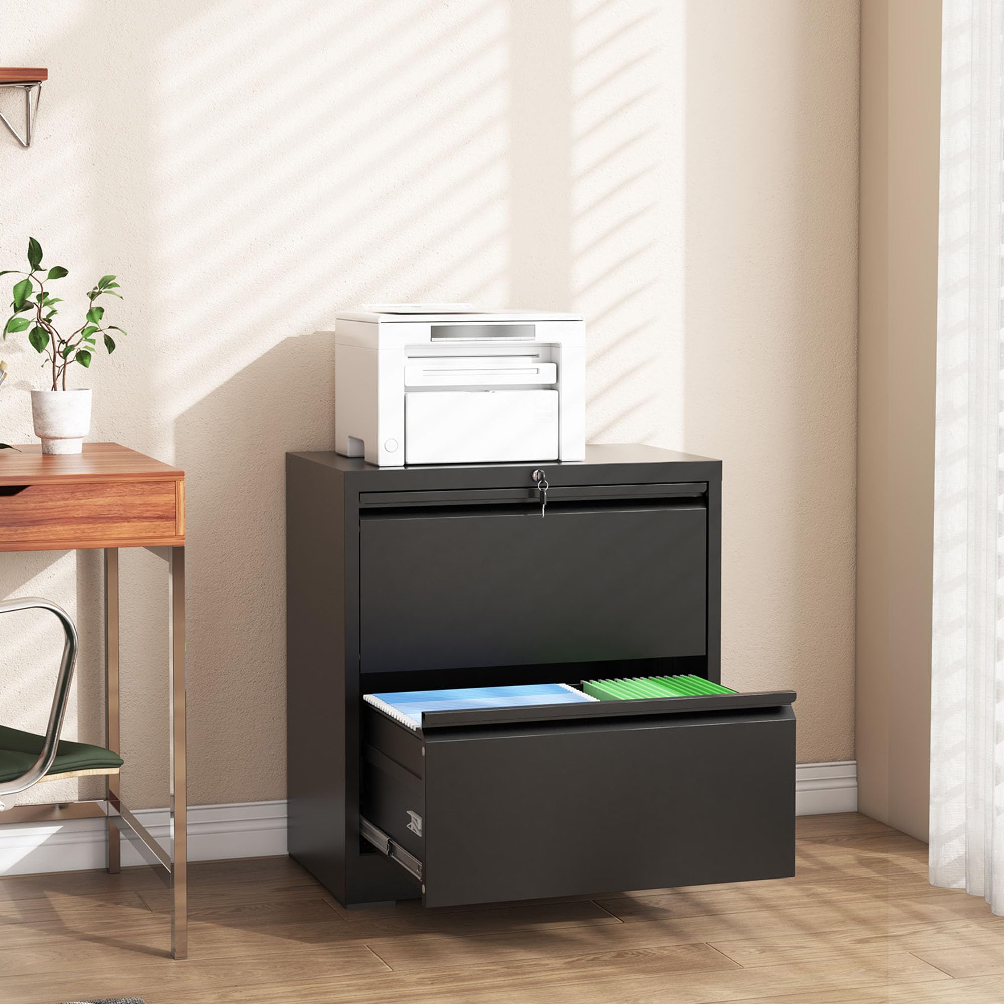 Lateral File Cabinet with Lock, 2 Drawer Filing Cabinet, Metal File Cabinets for Home Office, Steel Heavy-Duty Filing Storage Cabinet for Letters/Legal/A4 (Require Assembly, Black)