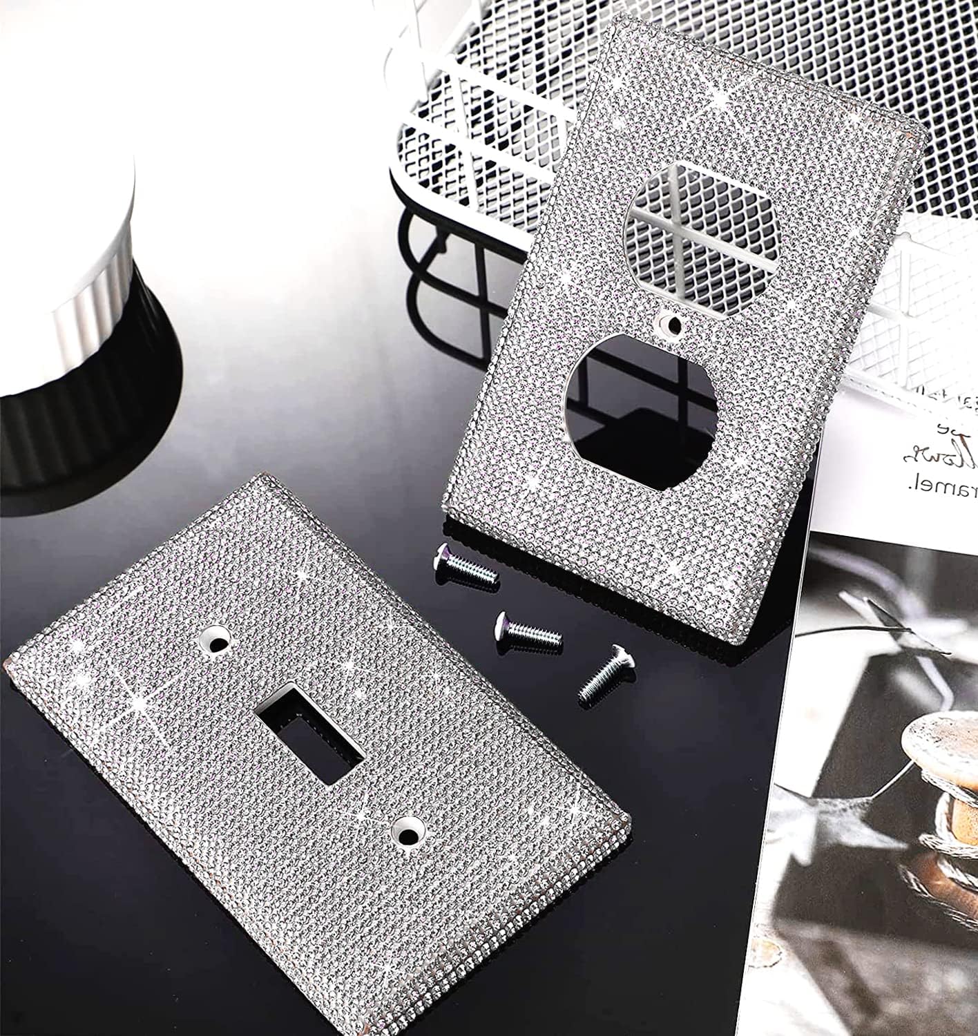 4 Pack Silver Shiny Rhinestones Wall Plates Bling Light Switch Cover Plate Crystal Decorative Diamond Outlet Covers Durable Switch Covers Decor for Home Ornaments