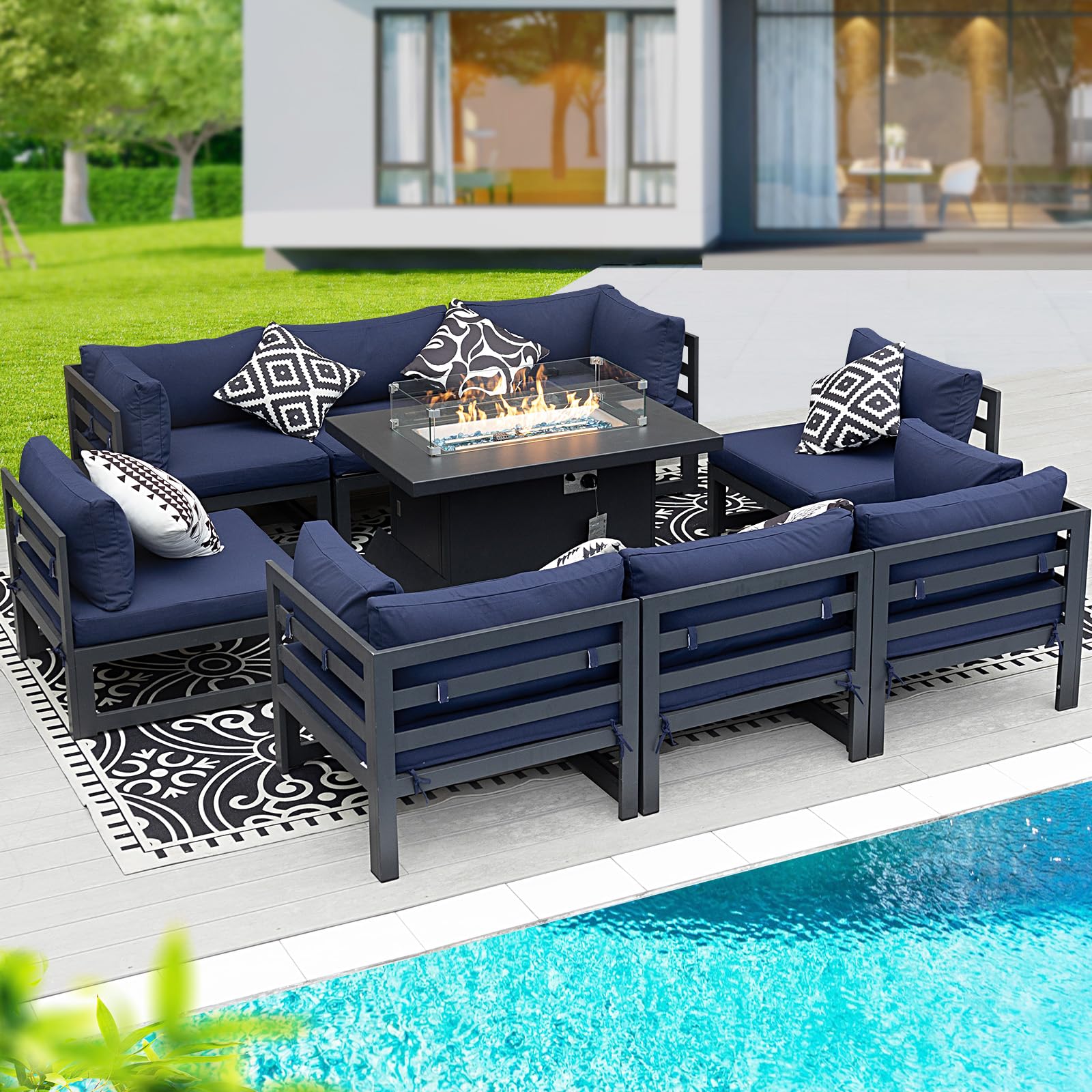 BULEXYARD 9 Piece Large Modern Aluminum Outdoor Patio Furniture Set with Fire Pit Table, 29 inch Wide Deep Seat, Rust Proof Comfy Sectional Sofa, 500