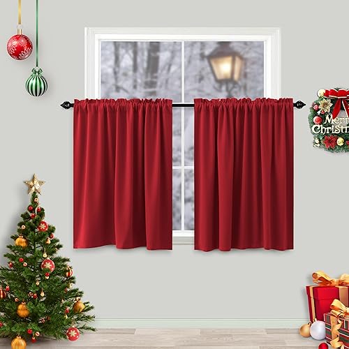 KOUFALL Cortinas de cocina rojas de Navidad de 24 pulgadas de largo, aisladas térmicas, opacas, cortinas cortas para cafetería, para baño, ventanas