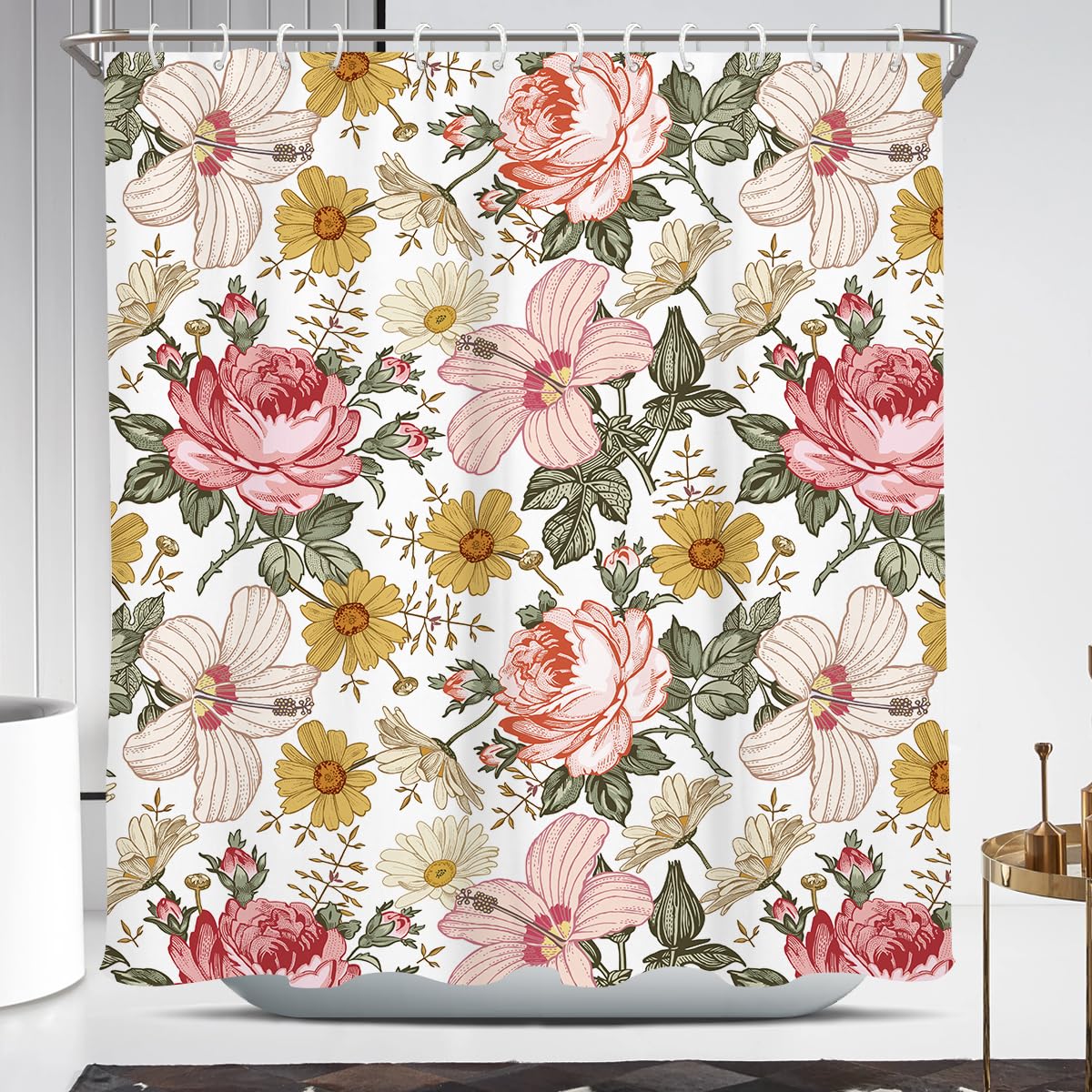 Coxila Pink Floral Shower Curtain Boho Vintage Flower Retro Colorful Girls Botanical Green White Yellow Cottage core Women Country Long Wide Large