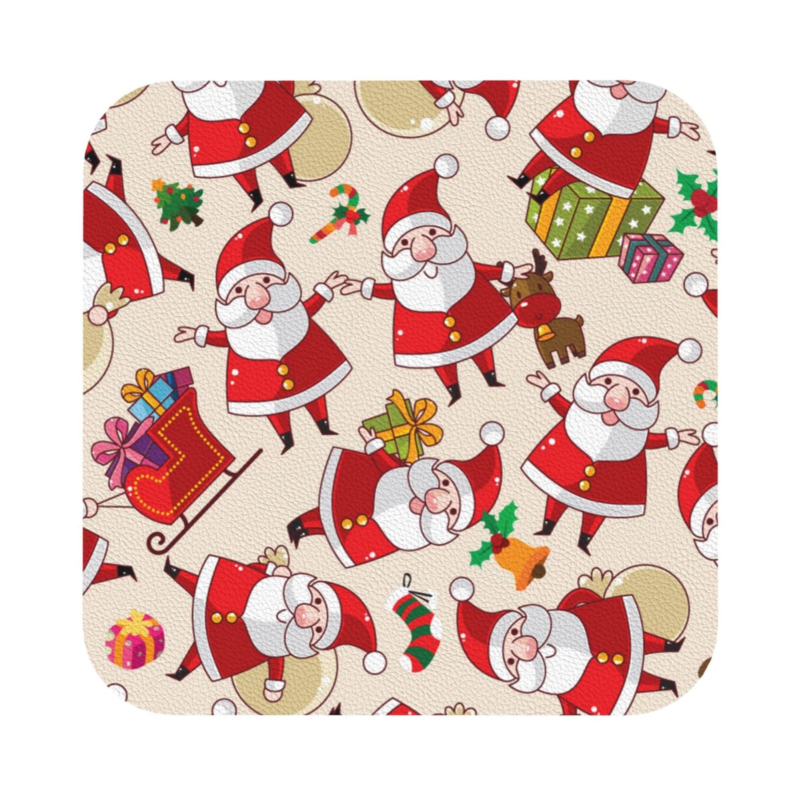Christmas Cartoon Santa Claus PU Leather Coasters Set of 6 Square Drink Coasters