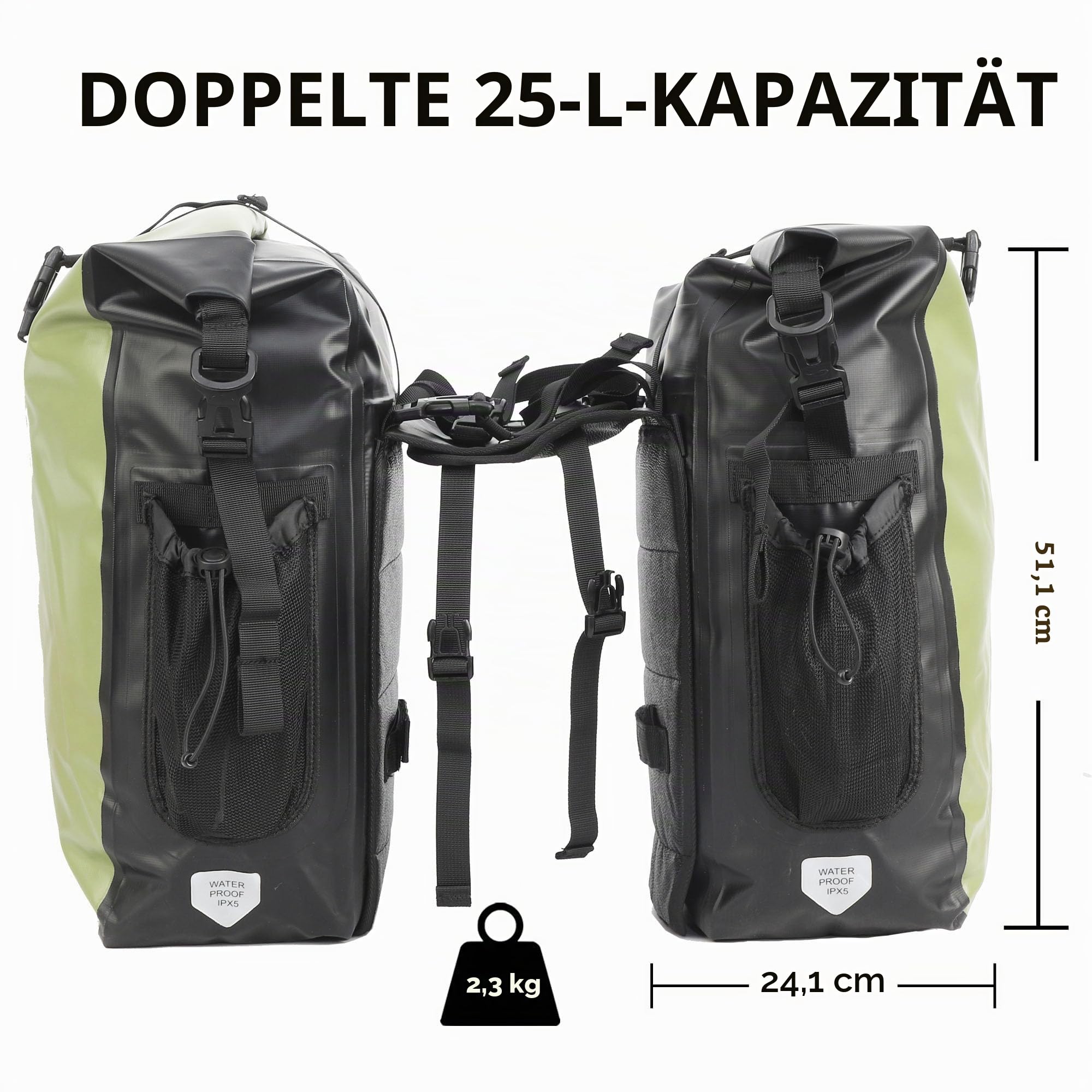 wasserdichte Fahrradtaschen - 50L Satteltaschen für Fahrrad-Gepäckträger - Fahrradtasche für Einkäufe, Laptop(grün, 1 Paar)