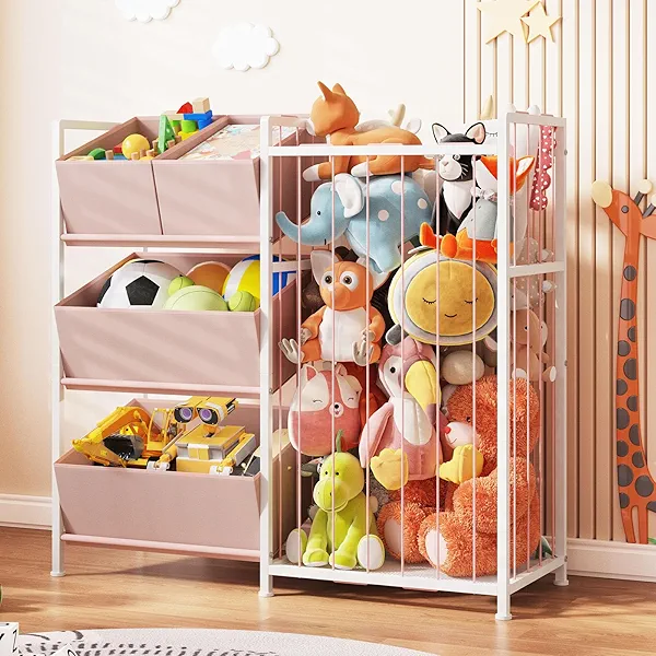BBLIKE Stuffed Animal Storage - Kids Storage Organizer with 4 Removable Bins, Kids Storage Toy Shelf Organizer for Stuffed Animal Holder for Bedroom Playroom Nursery, Pink