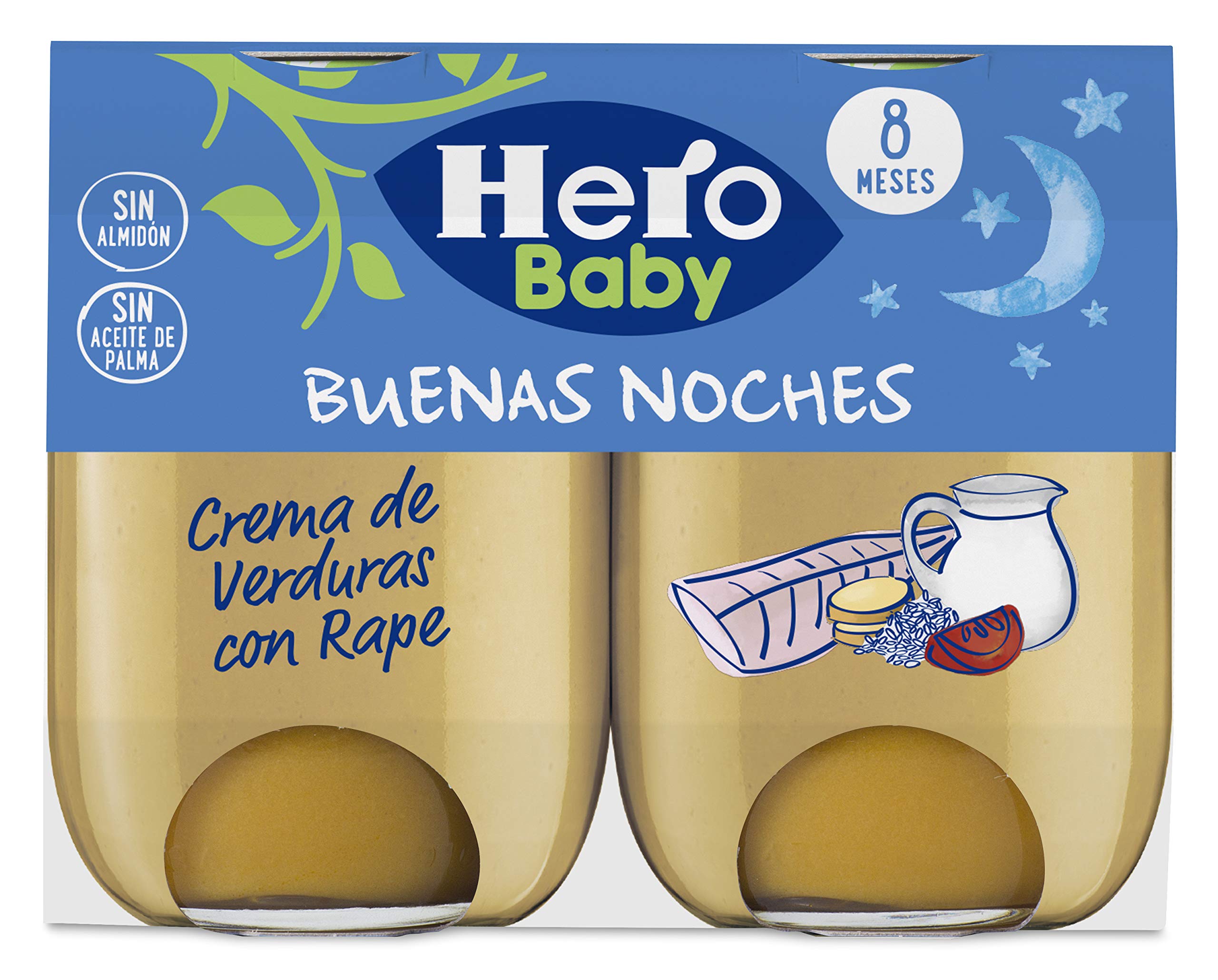 Hero Baby Buenas Noches Crema de Verduras con Rape Puré para Bebés 8 meses 2 x 190 g