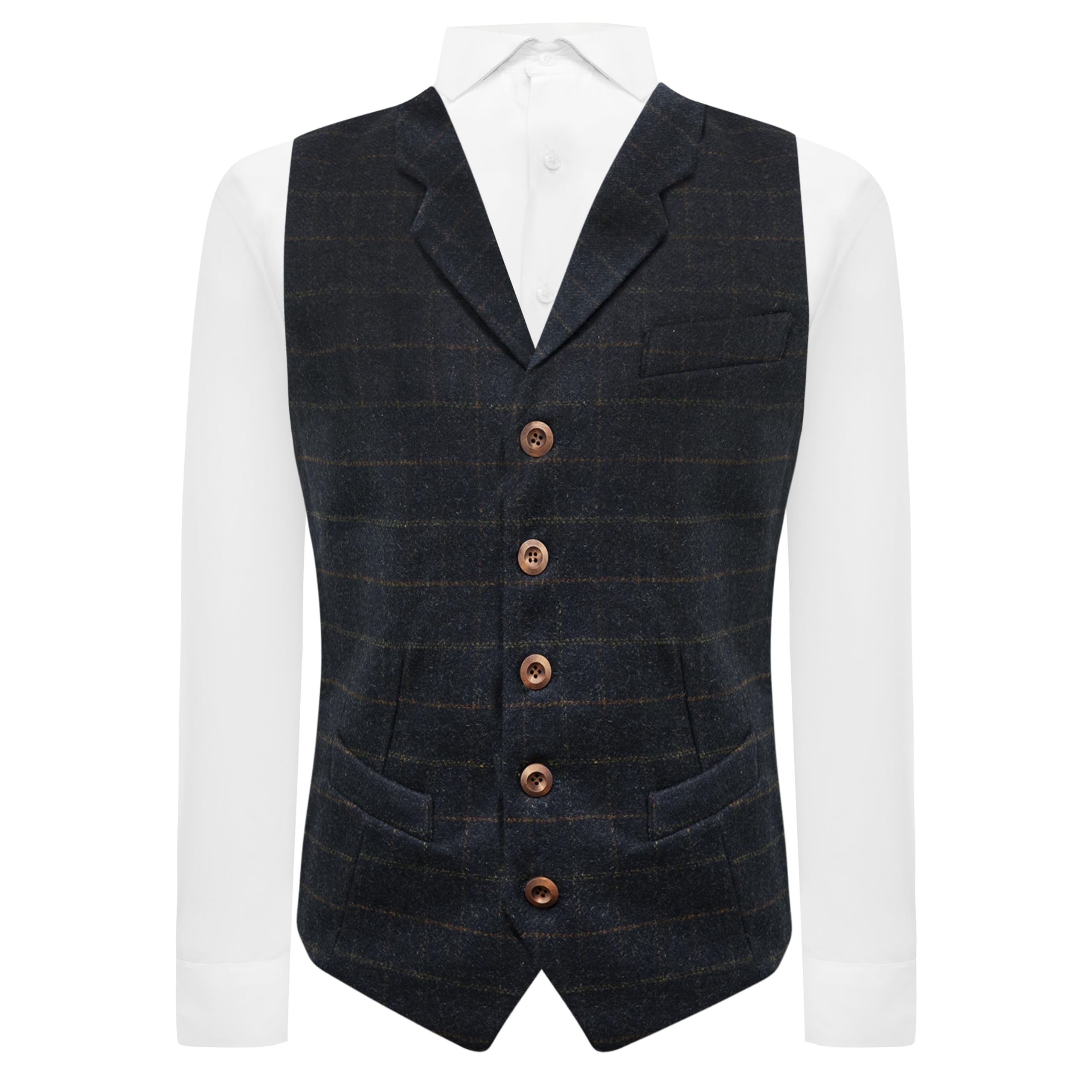 King & Priory Navy Blue Heritage Check Waistcoat with Lapel - XXL