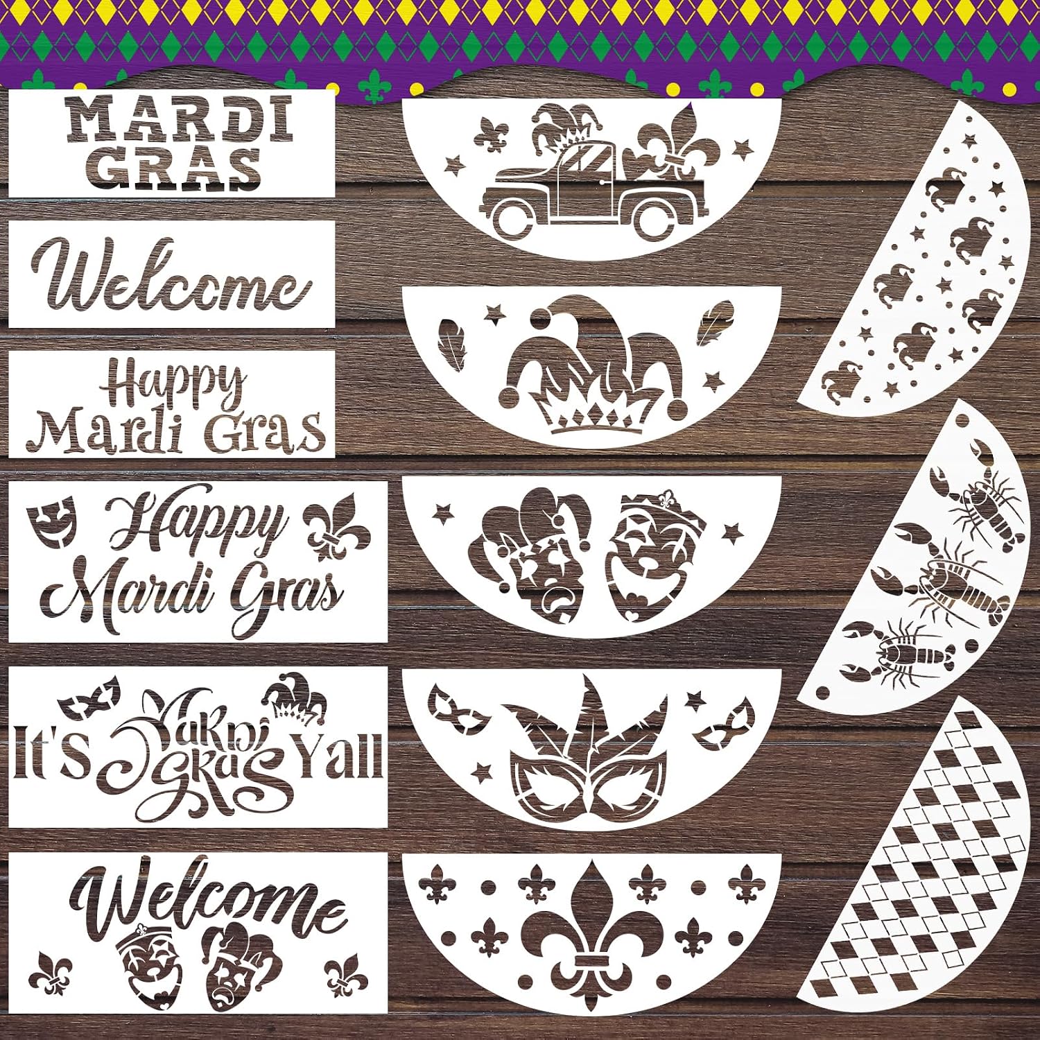 Cinrobiye 14 Pcs Mardi Gras Stencils for Door Mats Crafts Large Reusable New Orleans Welcome Templates for Painting on Wood Sign Wall Doormat Banner Bag Fabrics DIY Project Supplies