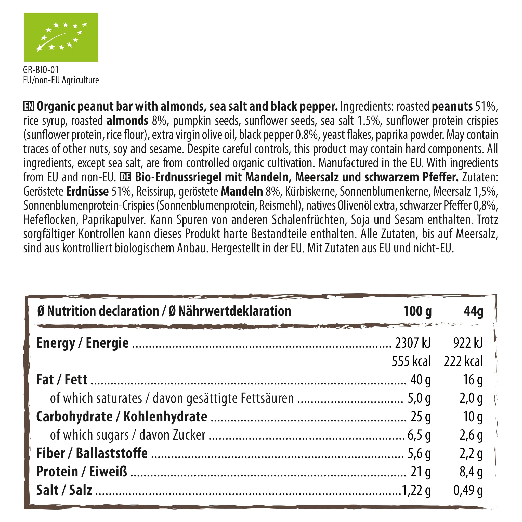 Naturally Pam Salty Bar (bio) | 100% Natürliche Zutaten | Ohne Zusatz von Zucker | Vegan | Glutenfrei & Ohne Milch | 12 x 40g Salt & Pepper