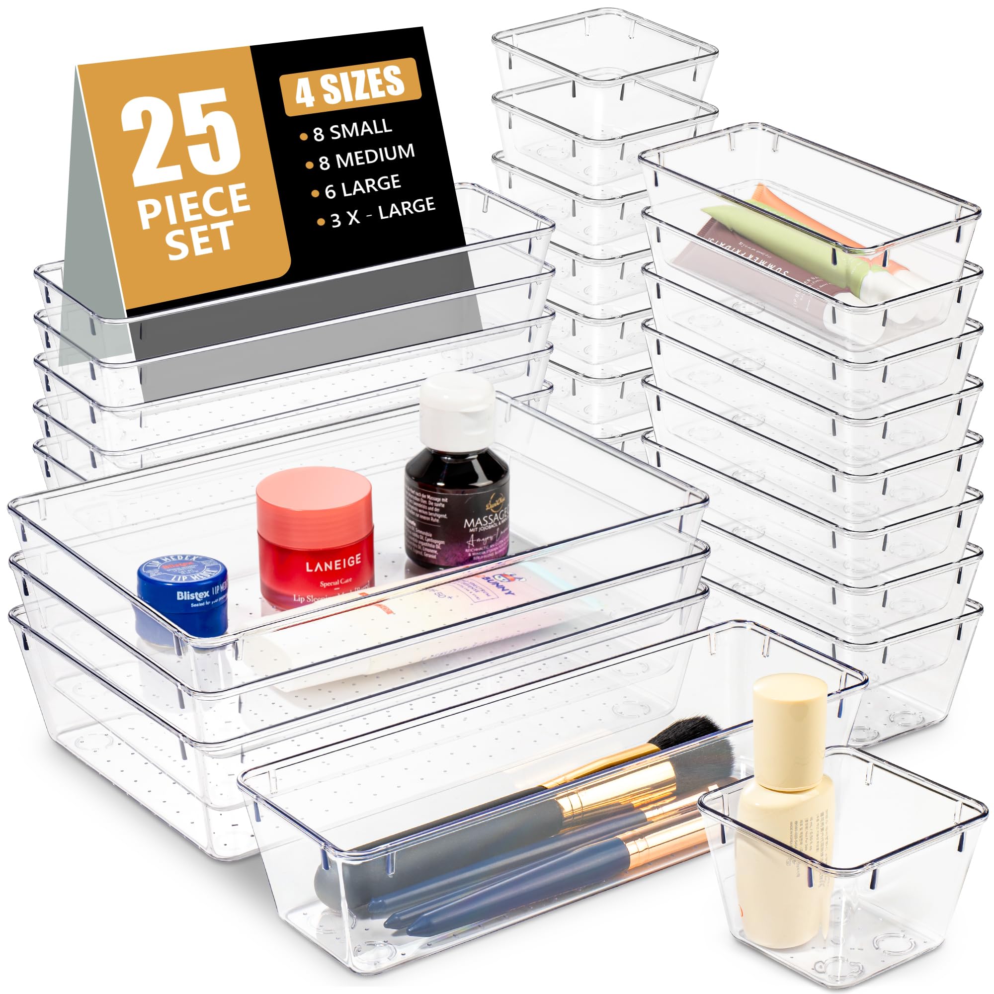 HOMEZER Clear Plastic Drawer Organizer Set – 25 PCS Stackable Storage Bins for Bathroom, Kitchen, Makeup, Office & Desk – Versatile Organizers for Home, Vanity & Bedroom