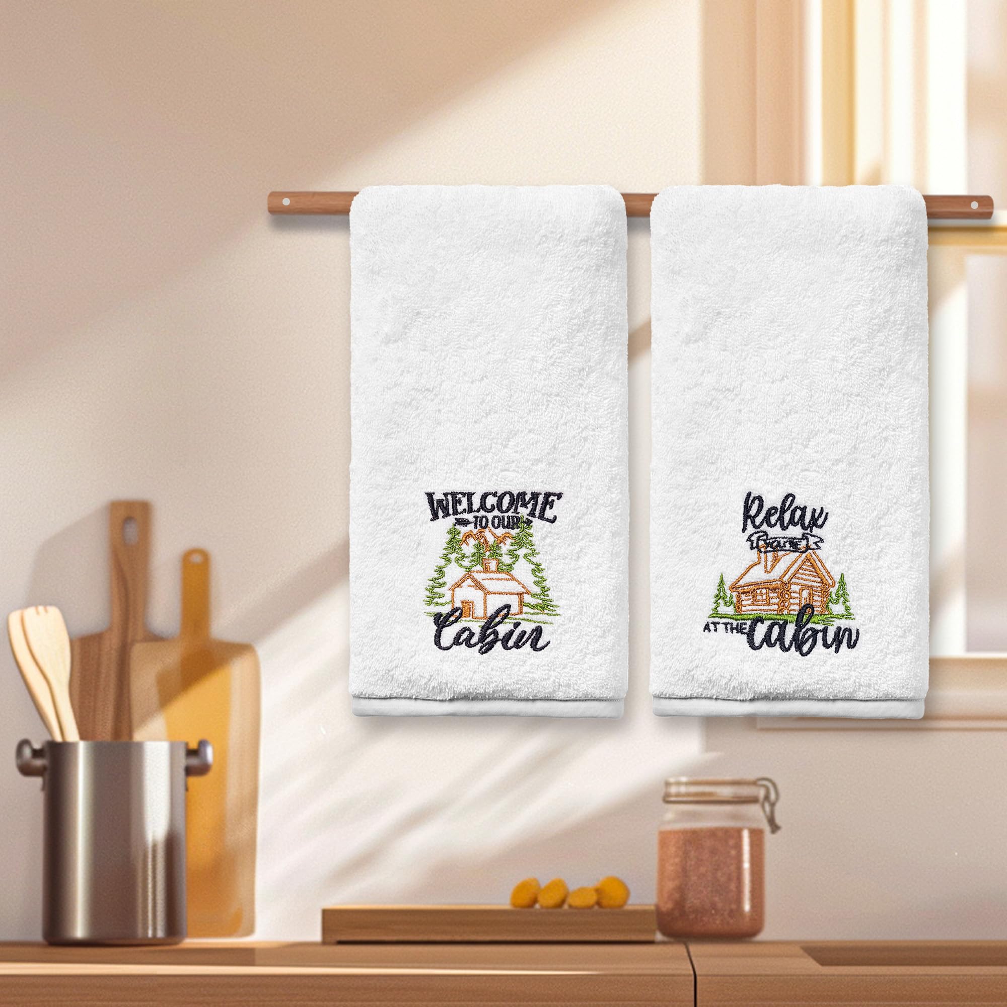 FUTBU Cabin Hand Towels for Bathroom, Cabin Decor Embroidered Dish Towels, Log Cabin Decor Gifts Decorative New Home Bear Deer Tea Hand Towels, 100% Cotton Soft Towels for Kitchen 14x30 Inches