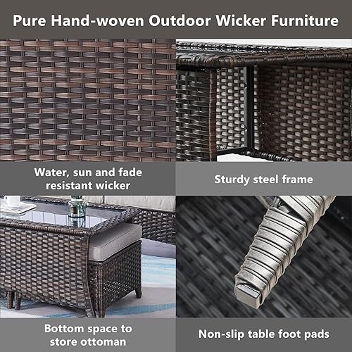 Miniatura 6 de Belord Mesa de centro para exteriores con parte superior de vidrio templado, mimbre marrón rectangular, mesa de centro de ratán tejida a mano