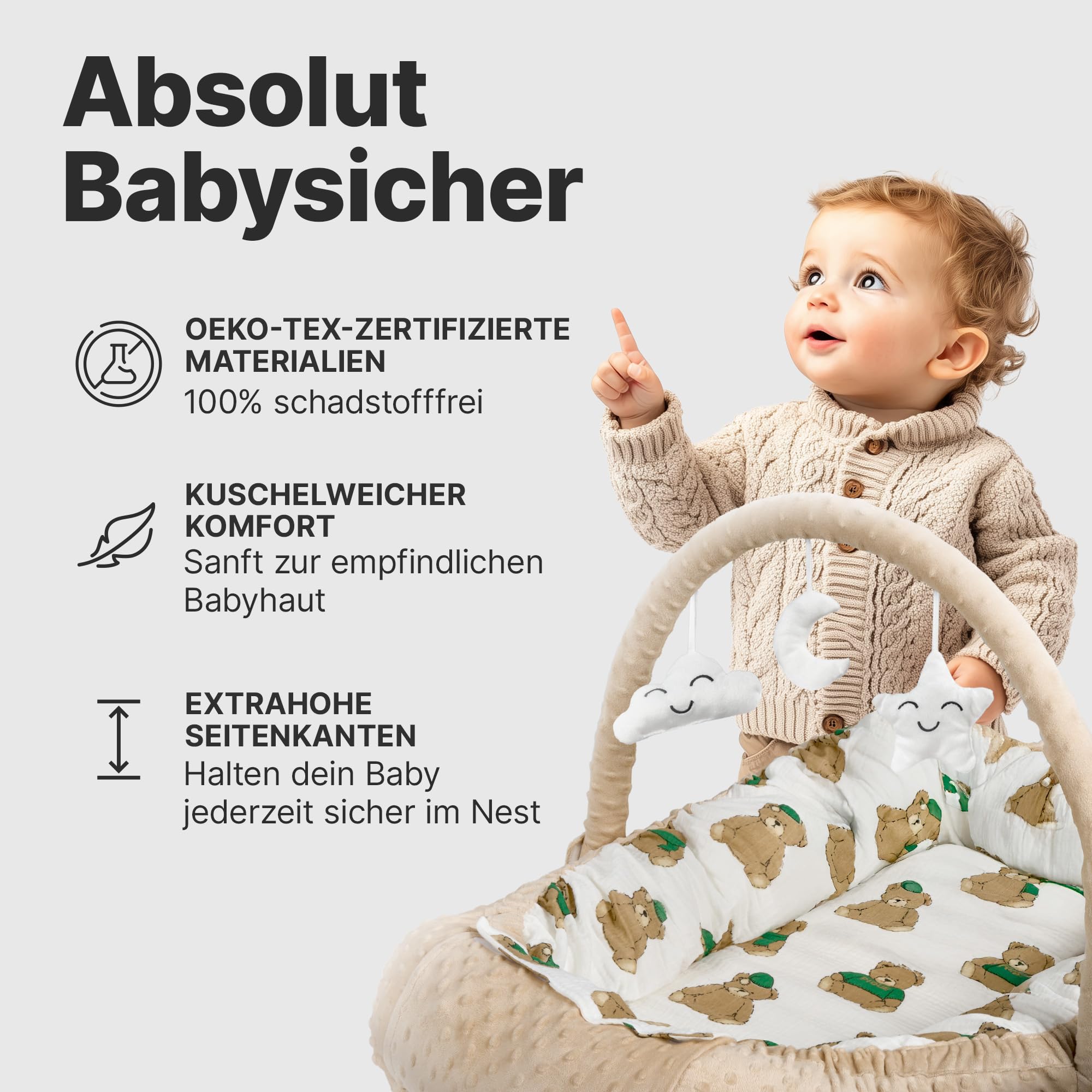 Babynest [inkl. Spielbogen] Baby Nestchen aus OEKOTEX Stoffen, Babynestchen für Neugeborene, Kuschelnest für Mädchen und Jungen | Beige & Bären (Beige mit Bären)