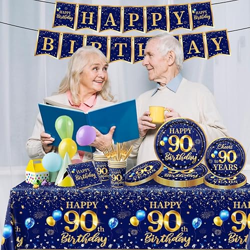 Miniatura 34 de Decoración de cumpleaños número 50 para hombre, juego de vajilla de cumpleaños azul marino y dorado (reserva para 20), incluye platos de feliz