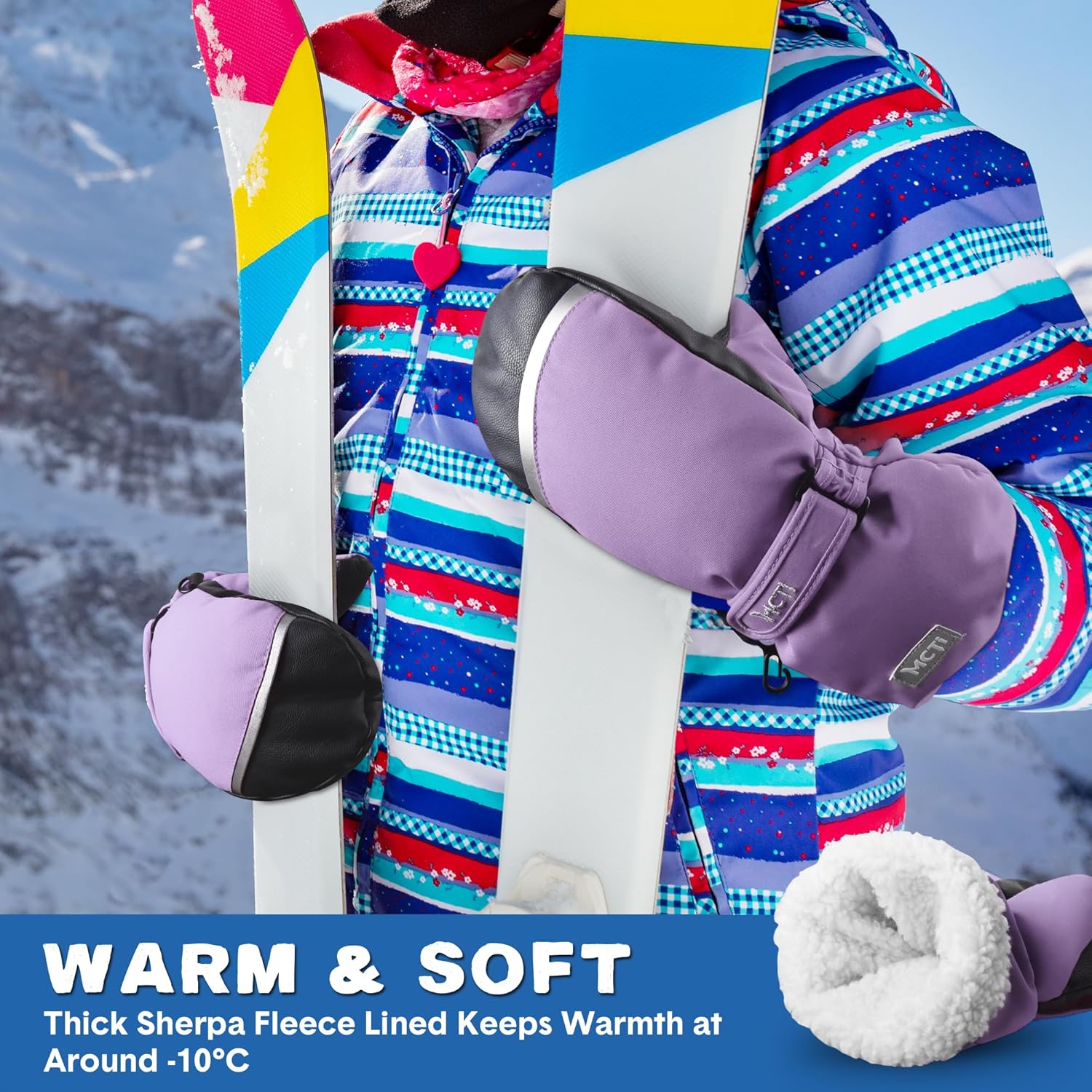 MCTi Kids Mittens Waterproof Winter Ski Warm Sherpa Lined Long Cuff with String - Image 3