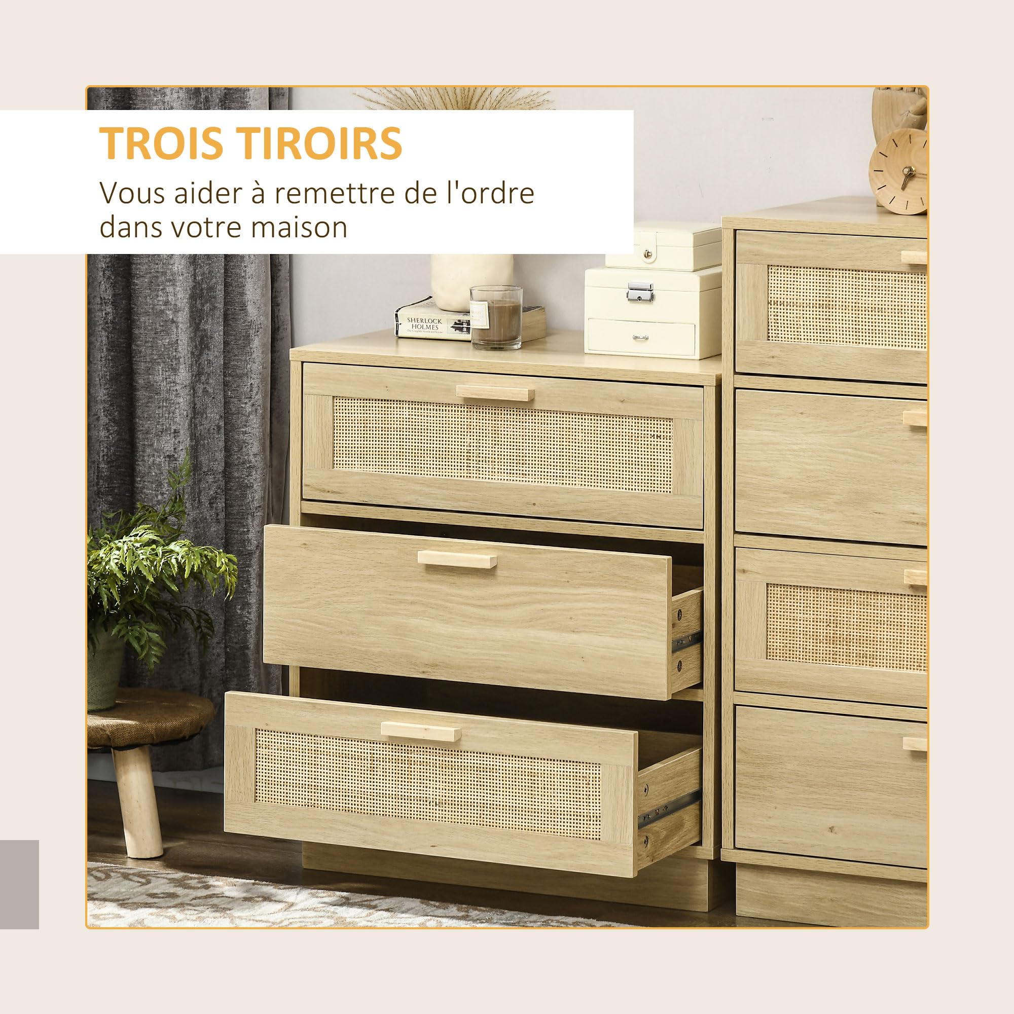 HOMCOM Commode 3 tiroirs Style Bohème 60 x 38 x 69 cm Bois Naturel | Commode Chambre, Meuble de Rangement, Cadre en Bois, Chiffonnier en Rotin, pour Chambre à Coucher, Salon, Entrée