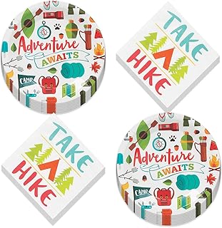 Camping Adventure Awaits Paper Dinner Plates and Take A Hike Lunch Napkins (Serves 16)
