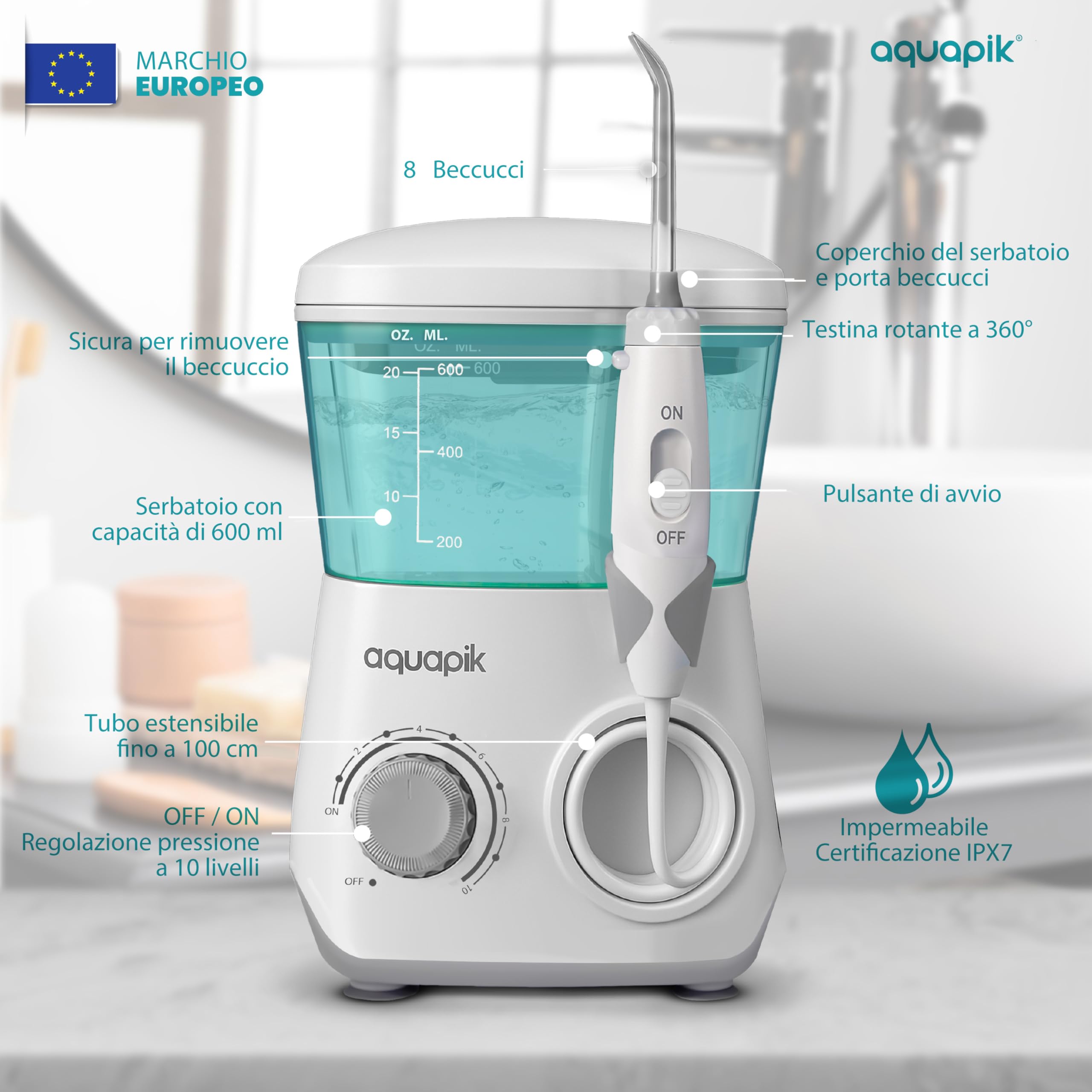 Aquapik® Hydropulseur Advanced Irrigateur buccal Idéal pour l'orthodontie, les implants et les gencives sensibles Kit blanchissant + 10 buses | 10 niveaux de pression