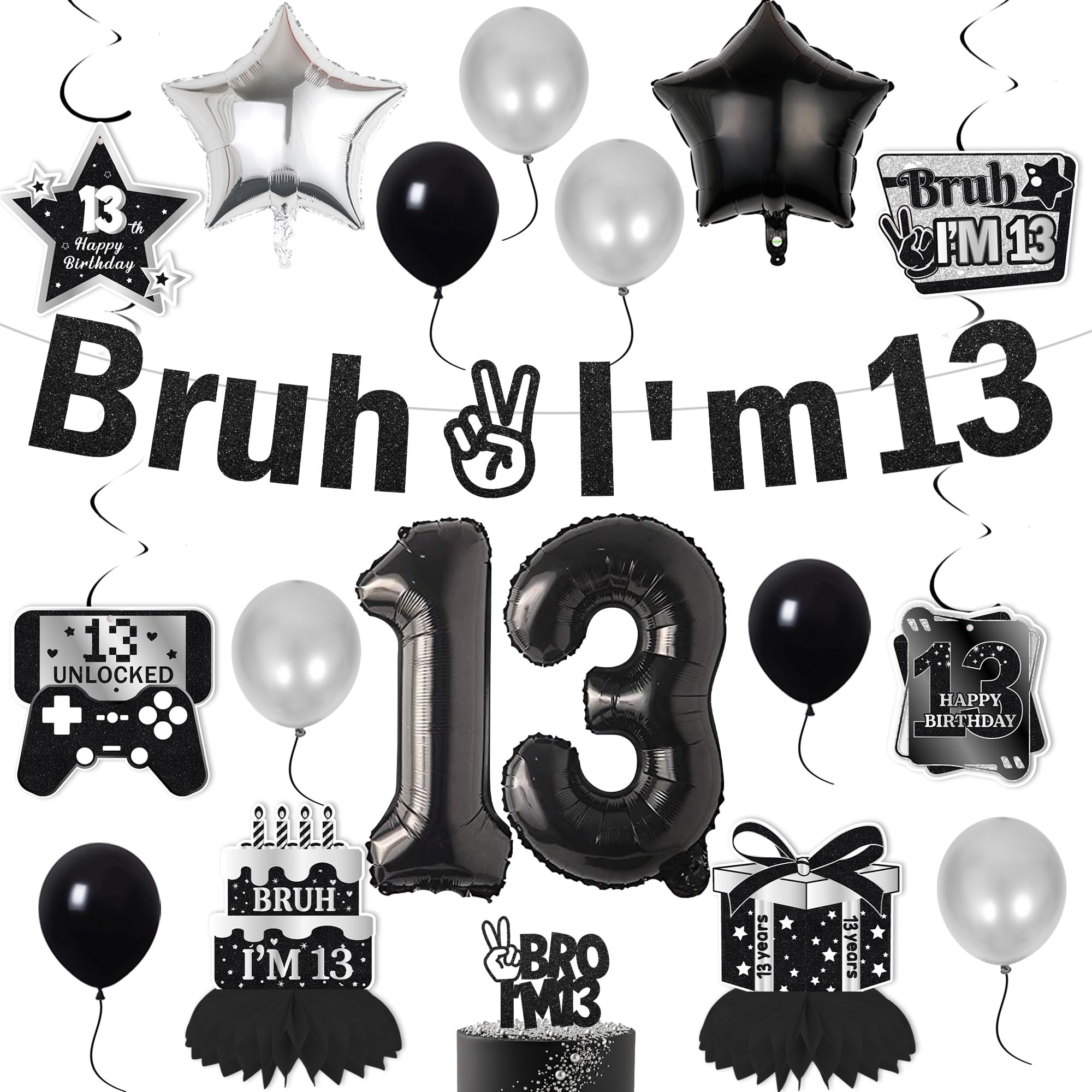 Bruh 13th Birthday Decorations for Boys - Bruh I'm 13 Banner Number Heart Balloons Honeycomb Centrepieces, Cake Topper Black 13 Years Old Boys Party Supplies Blue Black Theme Teenager Party