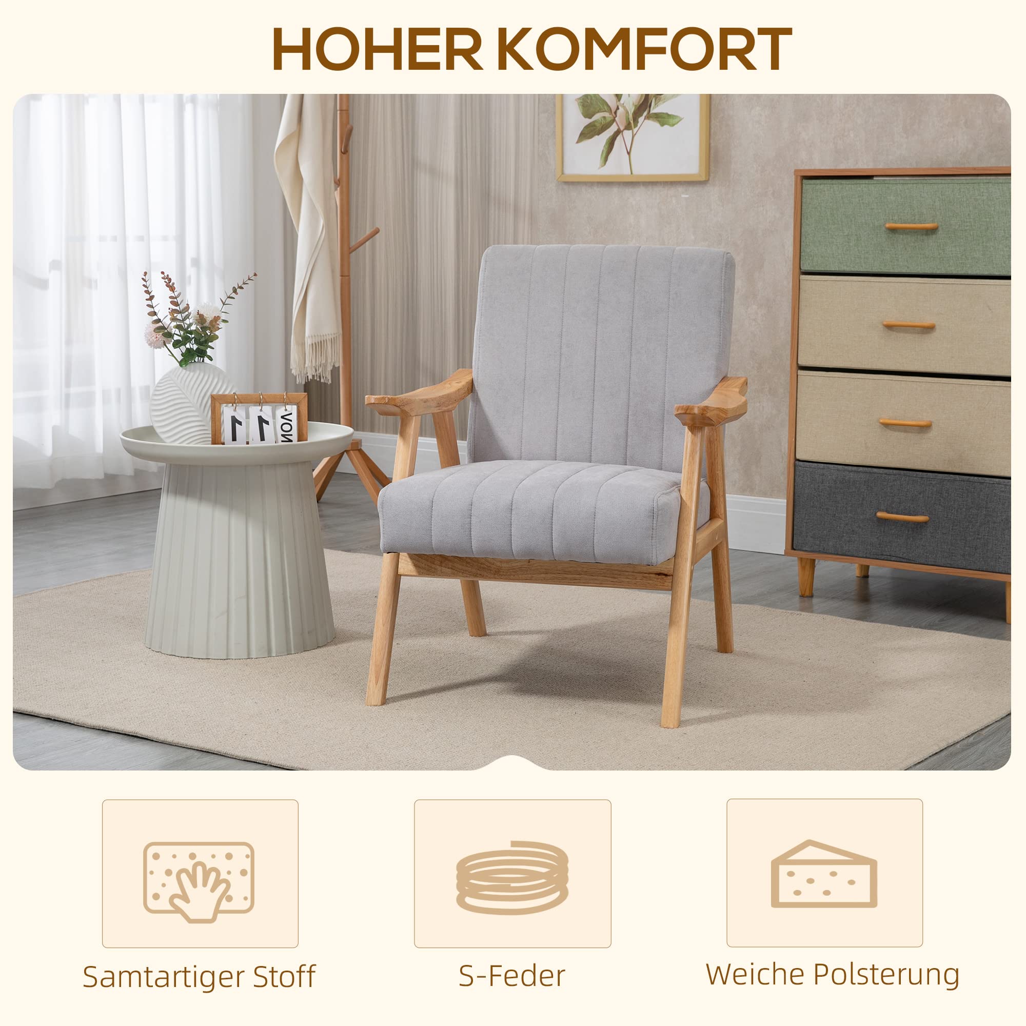 HOMCOM Fotel z uszami, tapicerowane krzesło z podłokietnikami, fotel wypoczynkowy o aksamitnym wyglądzie, skandynawski design, krzesło z podłokietnikami do salonu, sypialni, gumowe nogi z drewna, jasnoszary, 68 x 74 x 82 cm