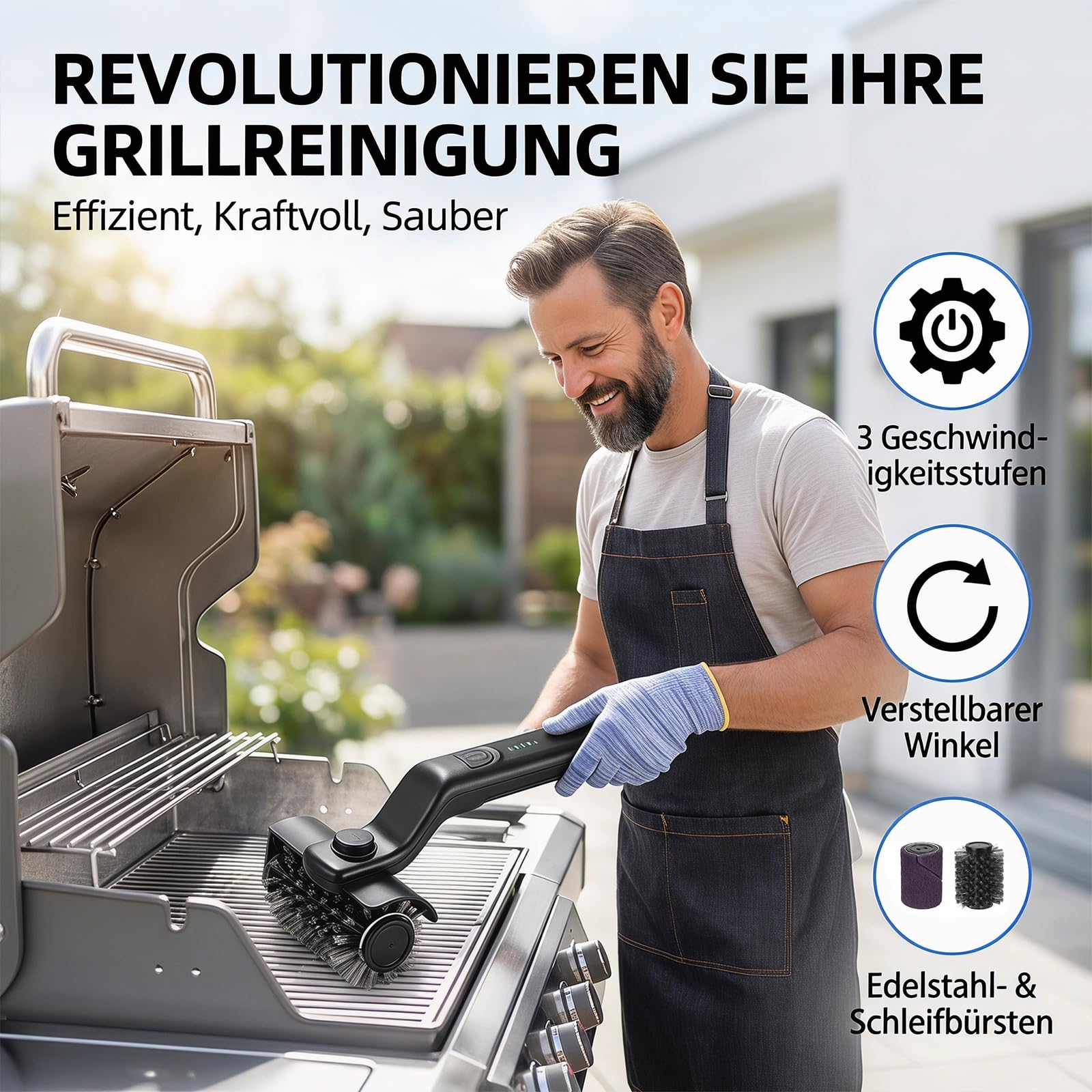 Elektrische Grillbürste, Reinigungsbürste Grillbürste Elektrisch, 180° Verstellbarem Winkel, 3-Stufen Reinigung für Grillrost, Smoker, Grillplatte, IPX7 Wasserdicht Electric Grill Cleaner