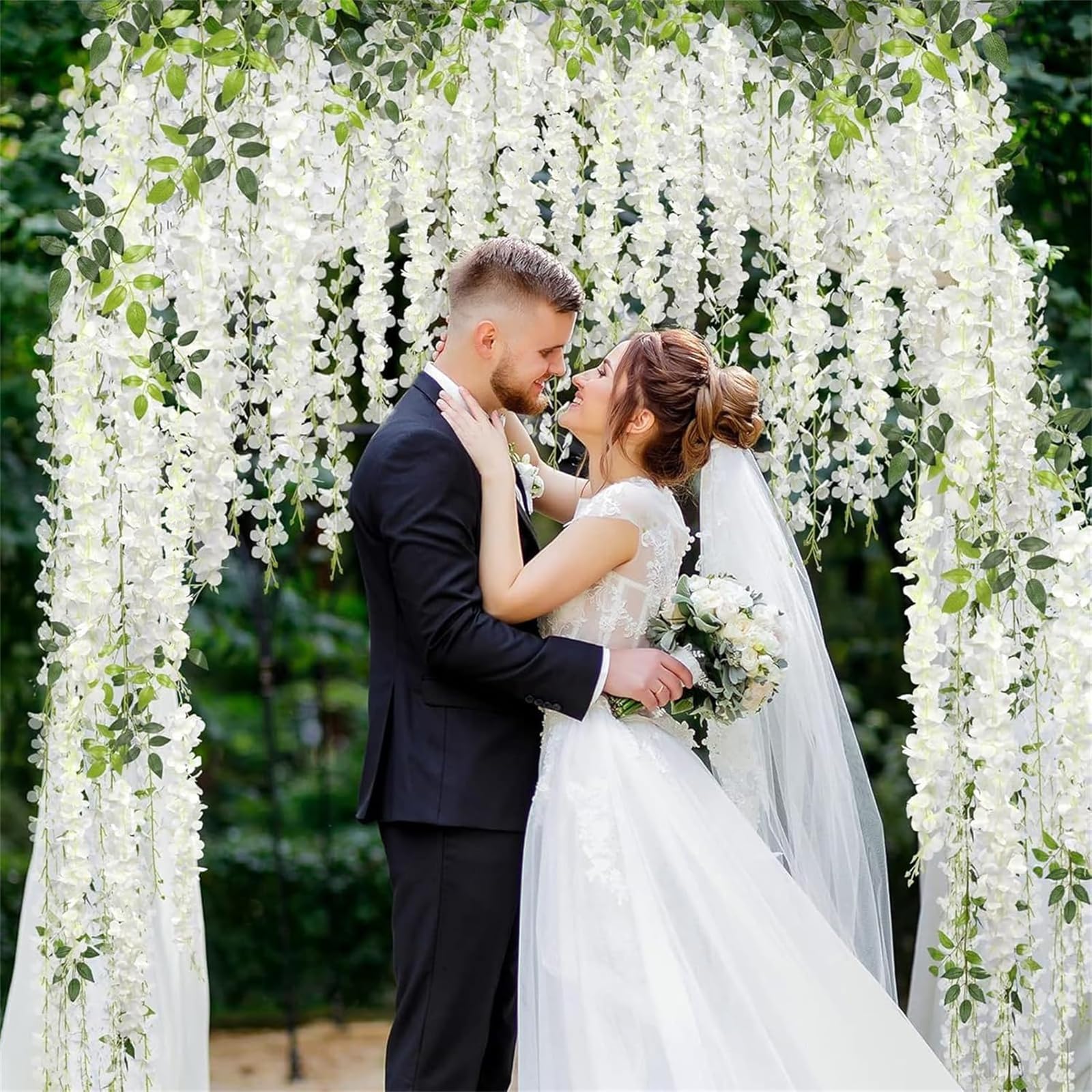 Kunstblumen künstliche Glyzinien Blumen, Girlande Pflanze gefälschte hängende Blumen Rebe Künstliche Wisteria Girlande für Hochzeit, Geländer, Zuhause, Büro, Party, 110CM (60PCS/Weiß)