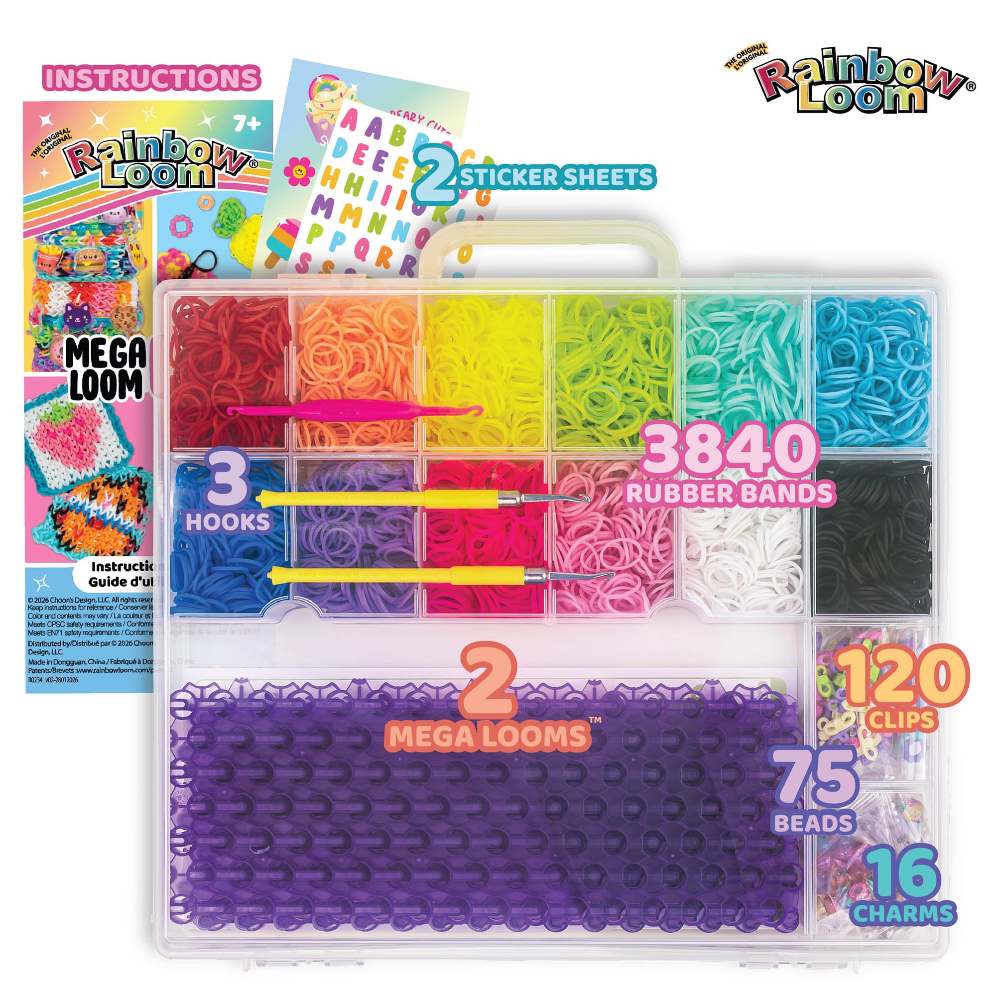 Rainbow Loom Mega Loom Duo - Set di braccialetti con 2 telai Mega Mighty, esclusivi Amazon, 3800 elastici, perline e ciondoli per bambini e adolescenti | Dispone di 2 telai Mega Mighty, 3800 bande in 12 colori, ciondoli carini per creazioni fai da te