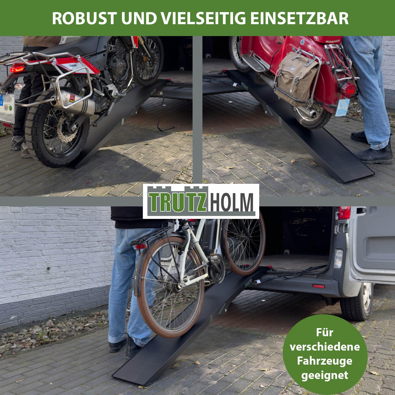 TRUTZHOLM 1x Auffahrrampe klappbar Aluminium Gesamtlänge 205 cm Traglast 340 kg geriffelte Oberfläche gummierte Auflage Rampe Motorradrampe Verladerampe inkl. Spanngurt in schwarz