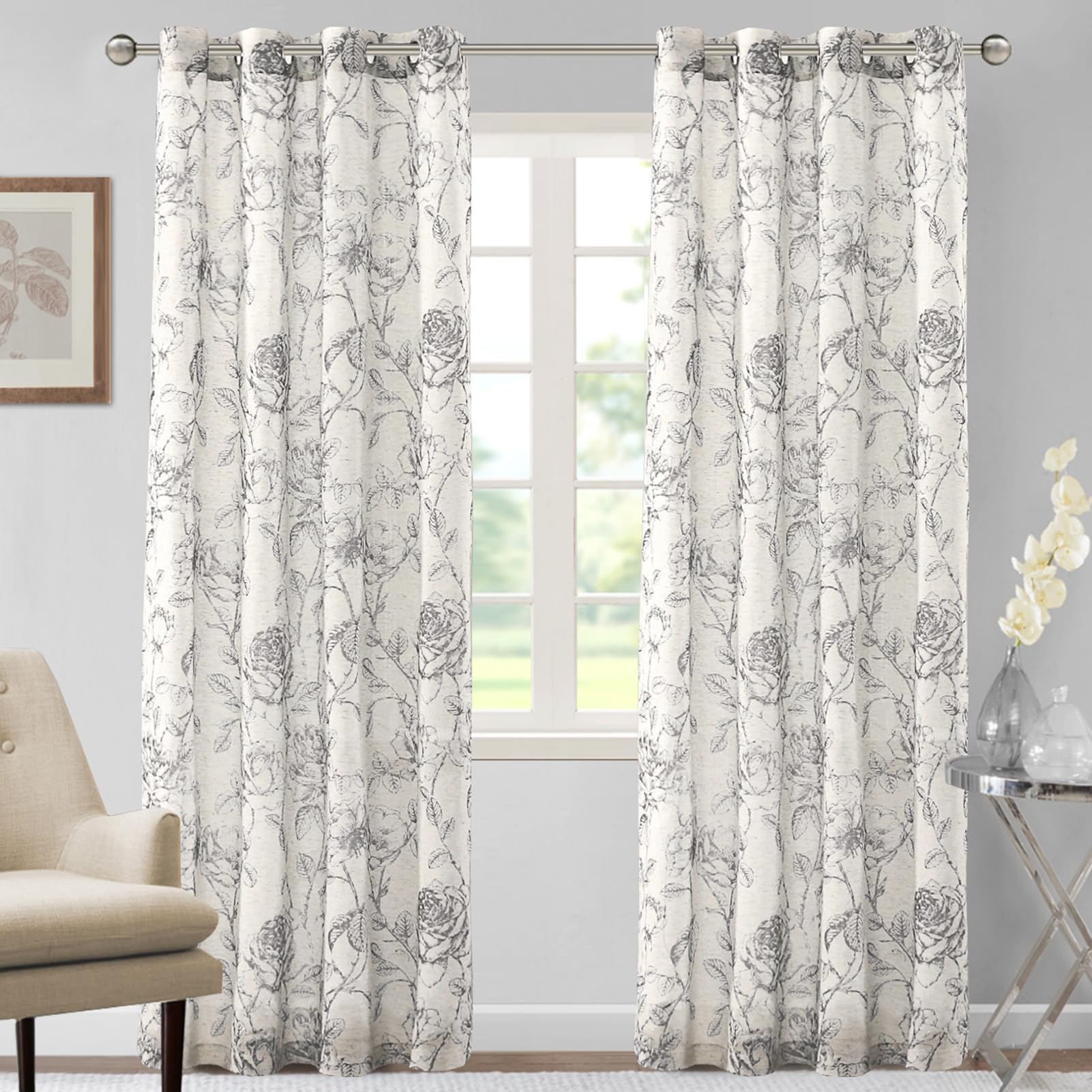 DEZYPZAM Floral Linen Semi Sheer Curtains, Light Filtering Privacy Window Curtains, Semi Sheer Window Curtain Drapes for Living Room/Bedroom (Gray,52 x 96 inch)