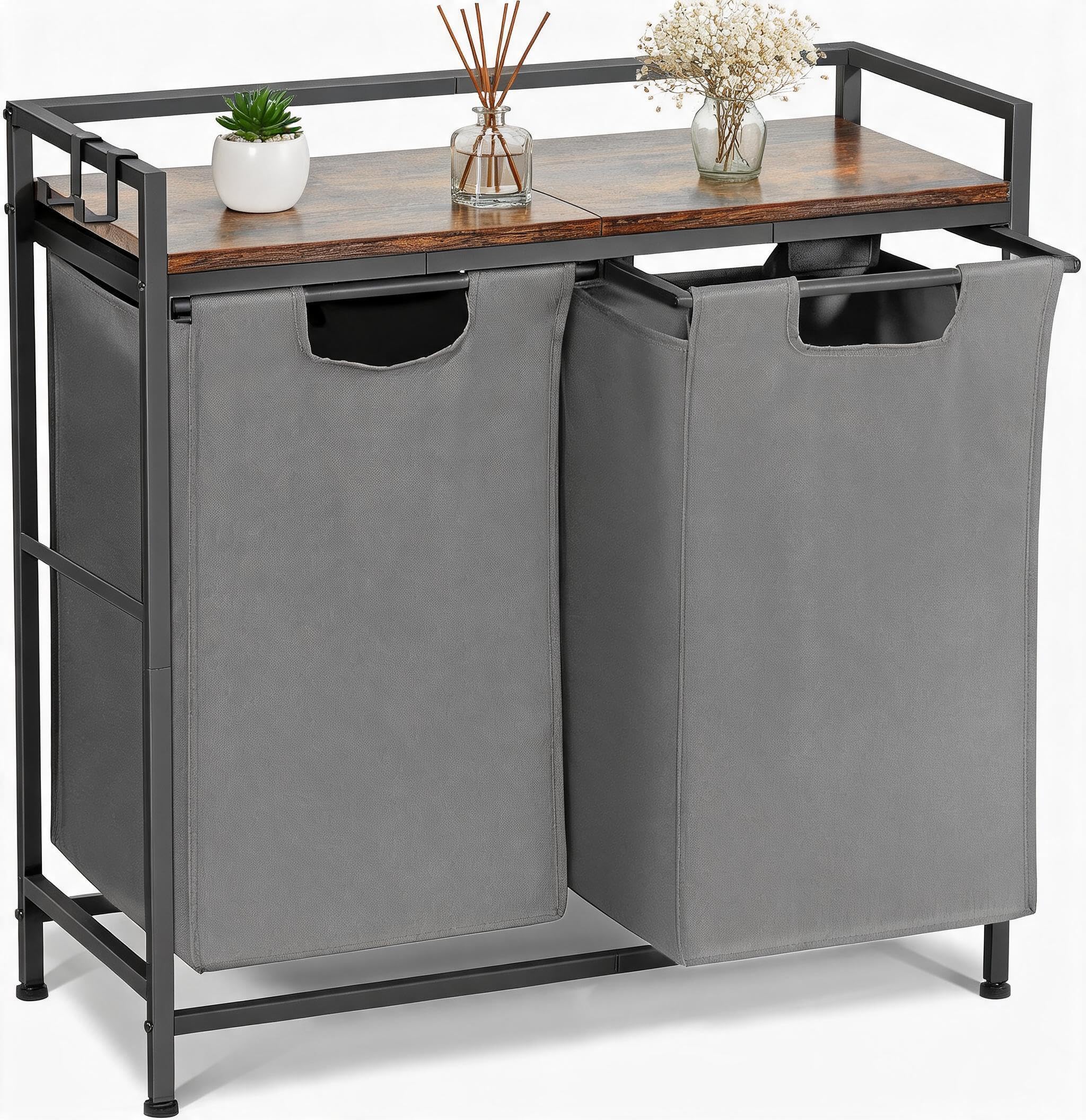 Wäschekorb 2-Fächer, 2x46L, 73x30x74cm, Grau, mit Metallrahmen & Holzablage, herausnehmbare Oxford-Säcke, moderner Wäschesammler für Bad und Schlafzimmer