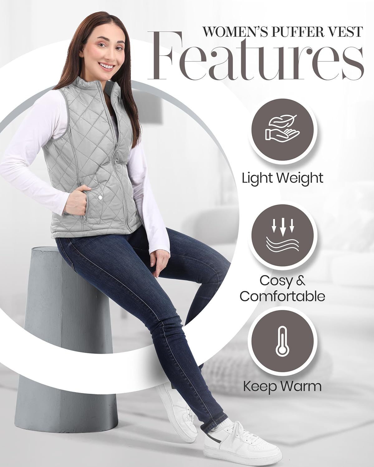 NY Threads Puffer Vest Women Slim Fit Lightweight Stand Collar Quilted Zip Puffer Vest - Image 5