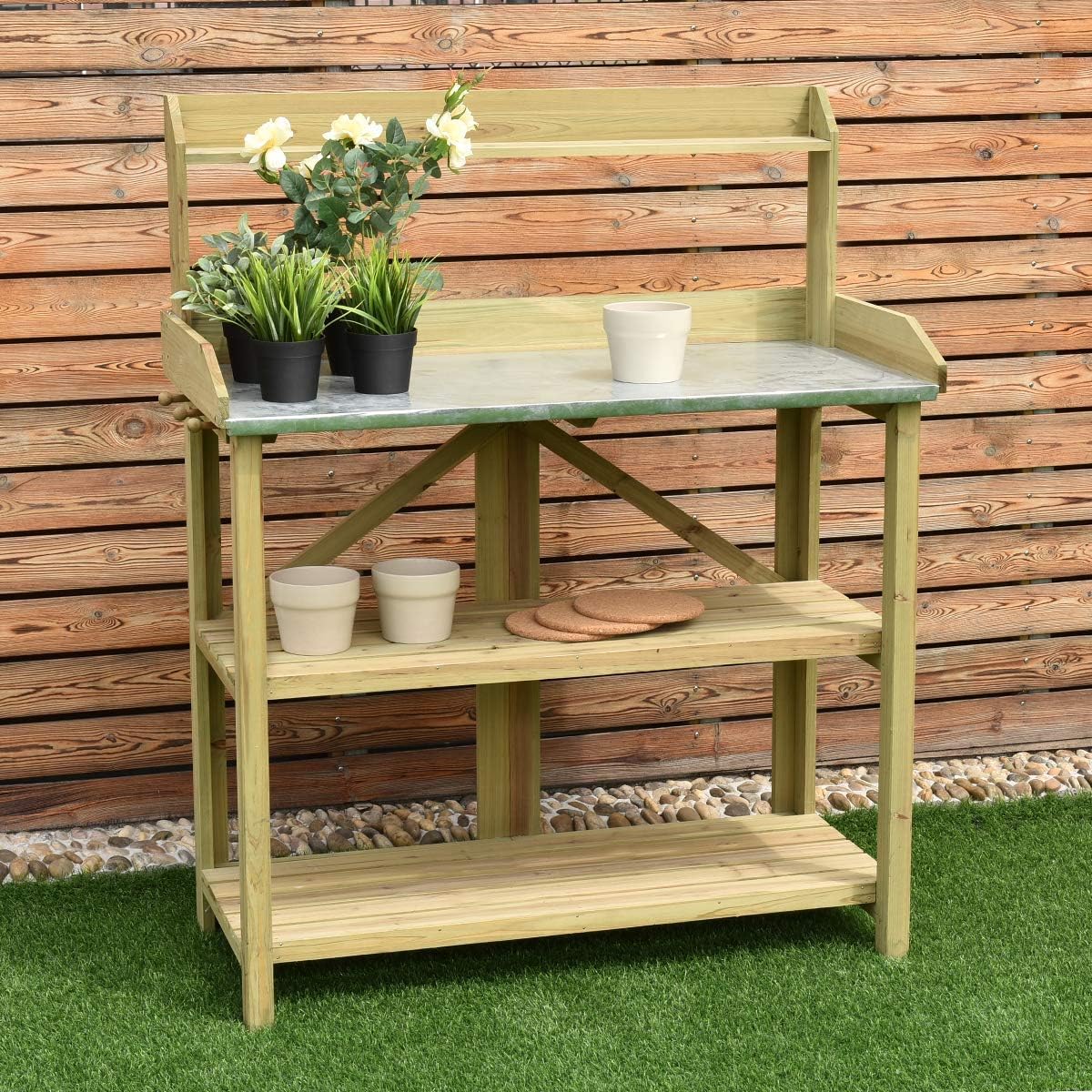 HYGRAD® Garden Planting Bench, Wooden Outdoor Potting Table with Metal Tabletop, Flower Plant DIY Workstation for Patios, Courtyards & Balcony