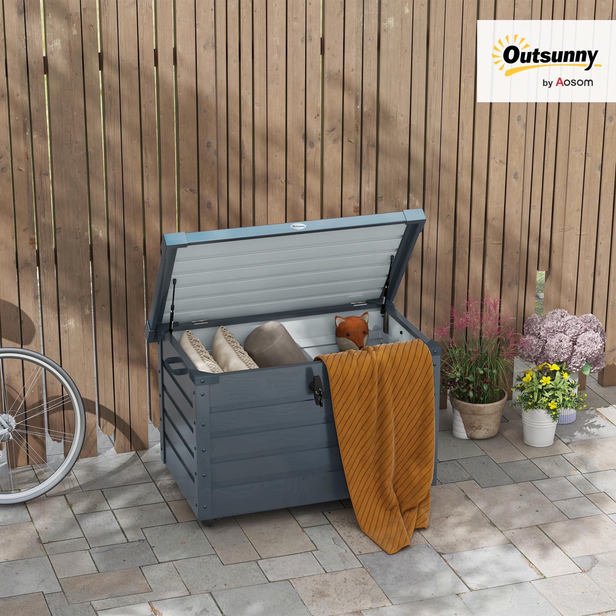 Outsunny Gartenbox Metall 295 Liter Wasserdicht 100 x 62cm Dunkelgrau | Abschließbar, Mit Griffen und Rollen, Auflagenbox, Gartentruhe, Outdoor Wetterfest, Für Balkon Garten, Kissenbox