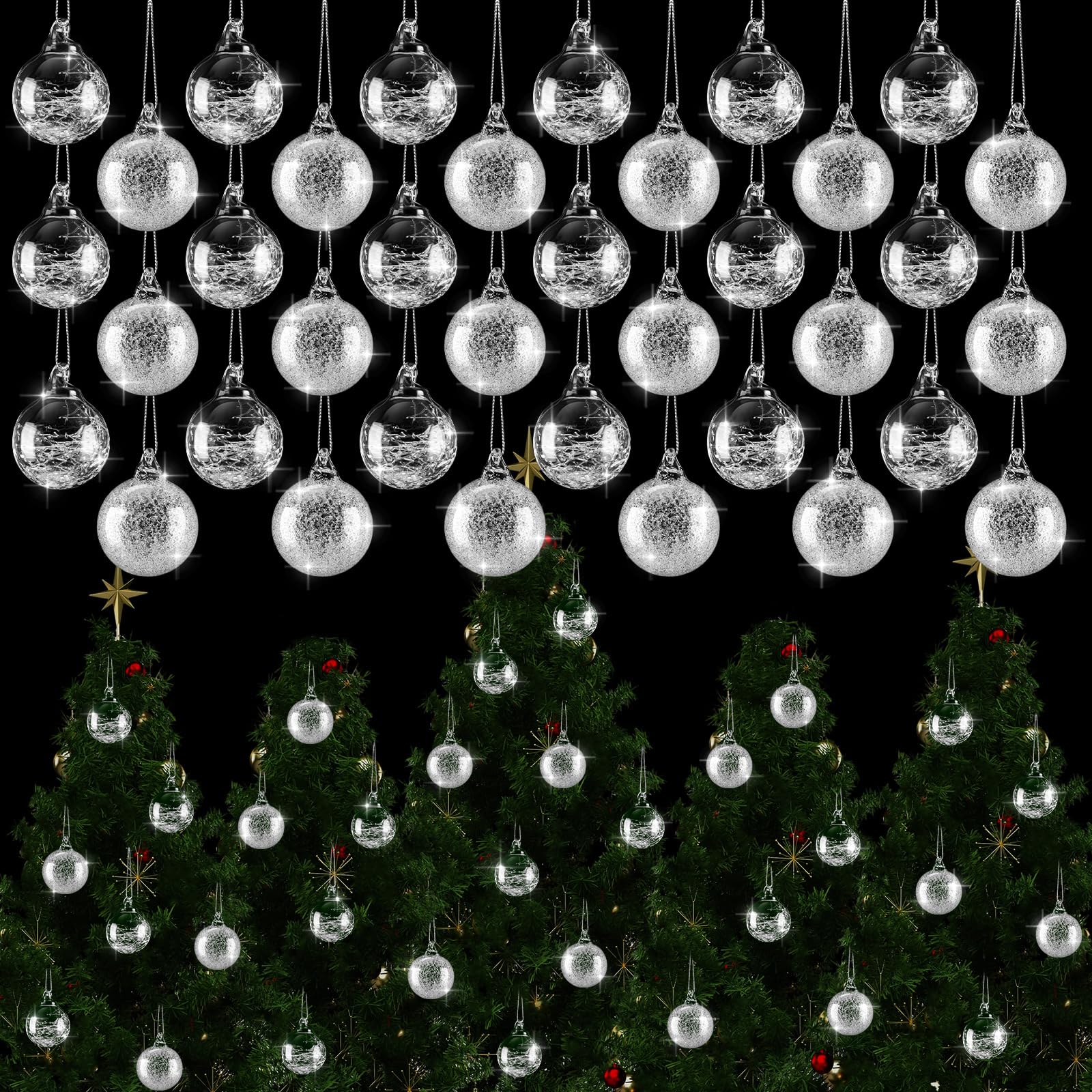 Uiifan 36 Pcs Clear Glass Christmas Ornaments Balls Bulk Blown Glass Christmas Tree Ornaments Assorted Size Iridescent Balls Xmas Tree Home