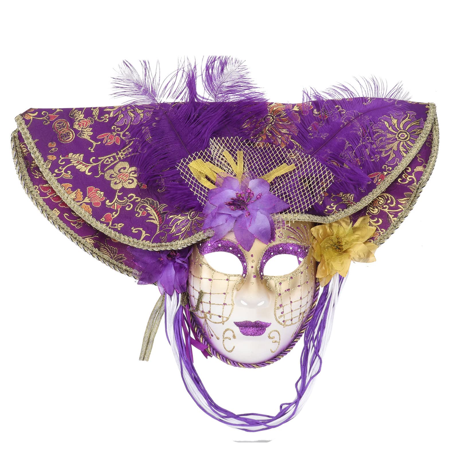 Masque Vénitien Visage Complet pour Femmes, Grand Chapeau Décoratif