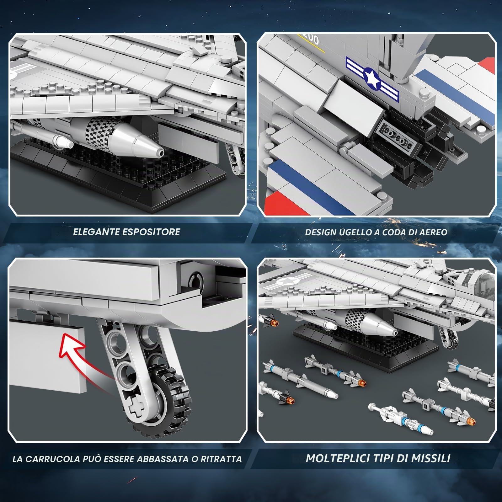 Reobrix Caccia F-16 Costruzione Set, Modello esposizione di caccia militare, Set di giocattoli dell'esercito con aereo Falcon Aeronautica Militare, 33027 Regali appassionati aviazione bambini 14+